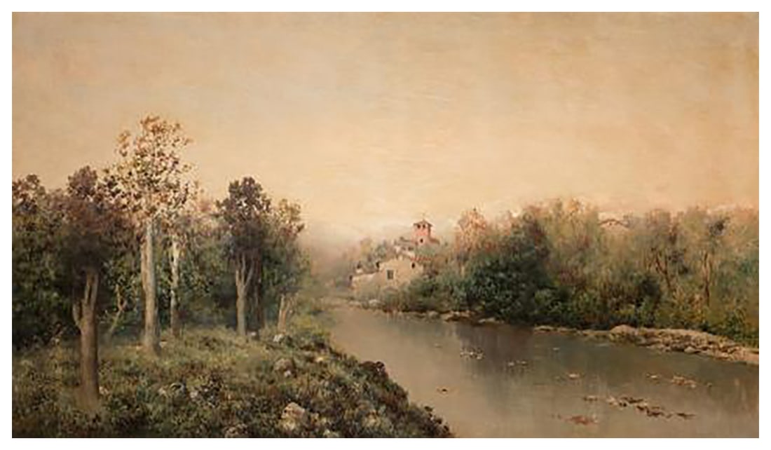JOSÉ FRANCO CORDERO (Jerez de la Frontera, Cádiz, 1851 – Madrid, 1910) - Riverside landscape of: Oil on canvas. Dimensions: 59.5 x 100 cm. Signed in the lower left corner: "F. Cordero". This work depicts a peaceful riverside view near Alcalá, captured with a landscape sensitivity characteristic 
