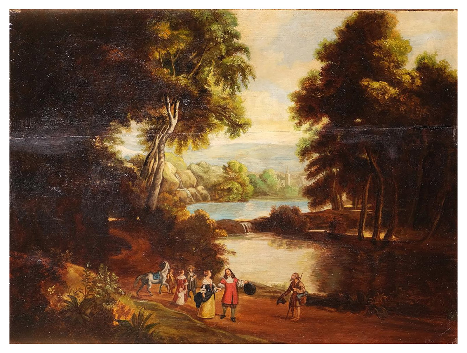 19TH CENTURY SPANISH SCHOOL - Walk along a riverbank: Oil on panel. Dimensions: 34 x 43.5 cm. This work depicts a peaceful stroll along a riverbank, a theme particularly favored by 19th-century Spanish landscape painting. The composition shows a natural 