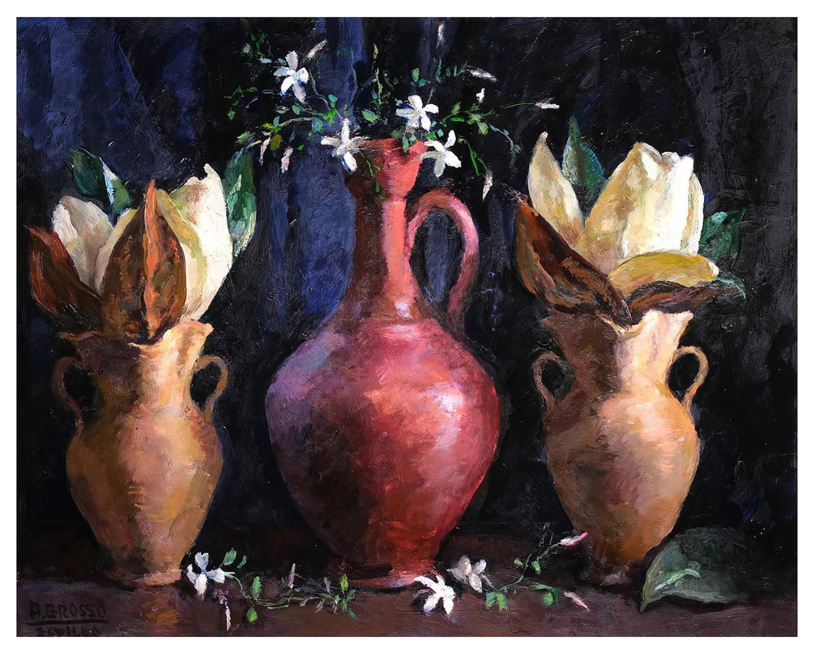 20th-century Spanish school. Vase between two jugs. Signed "A. GROSSO": Oil on panel. Dimensions: 48.5 x 60.5 cm. Signed in the lower left corner: «A. GROSSO / SEVILLA».