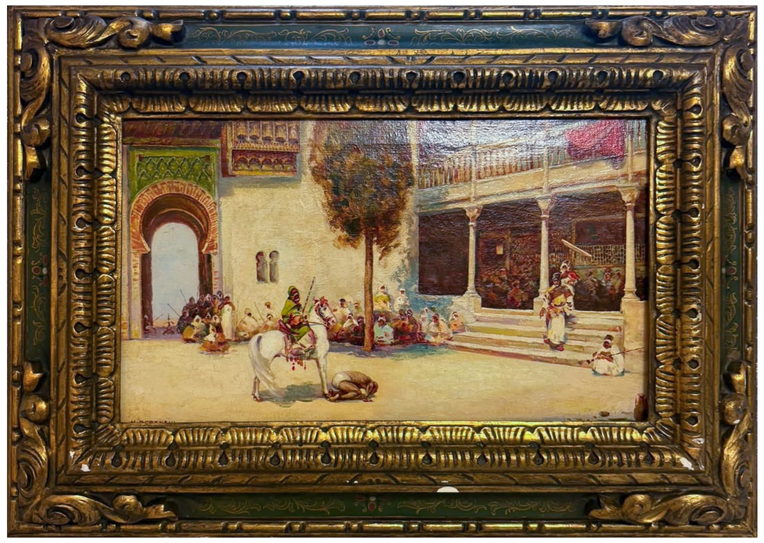 Bertuchi, signed, 20th Century Spanish School - Orientalist scene in a Shouk: Oil on canvas. Dimensions without frame: 65 x 45 cm. Dimensions with frame: 80 x 60 cm. Signed "M. Bertuchi".