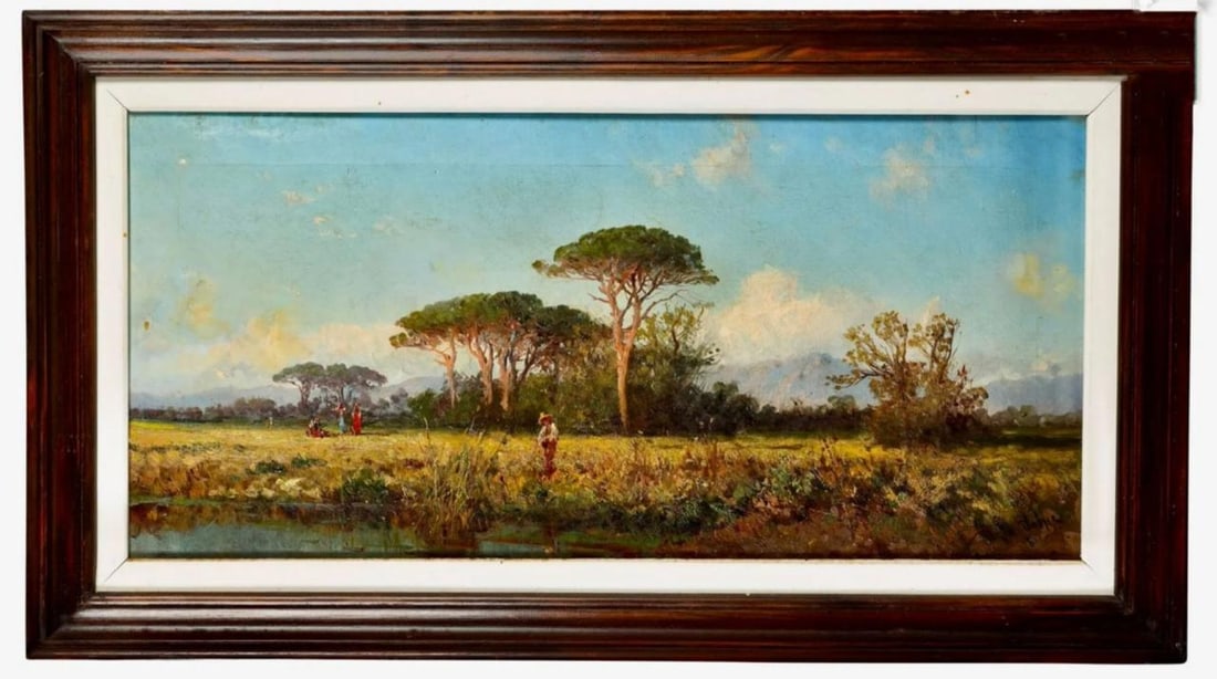 View of Capri, Bay of Naples. Signed. Alessandro La Volpe. Neapolitan School. 19th century: Oil on canvas. Dimensions 29.5 x 62.5 cm. A delicate landscape view of the Capri countryside in the Bay of Naples, articulated through a broad panoramic composition where a succession of meadows, wild