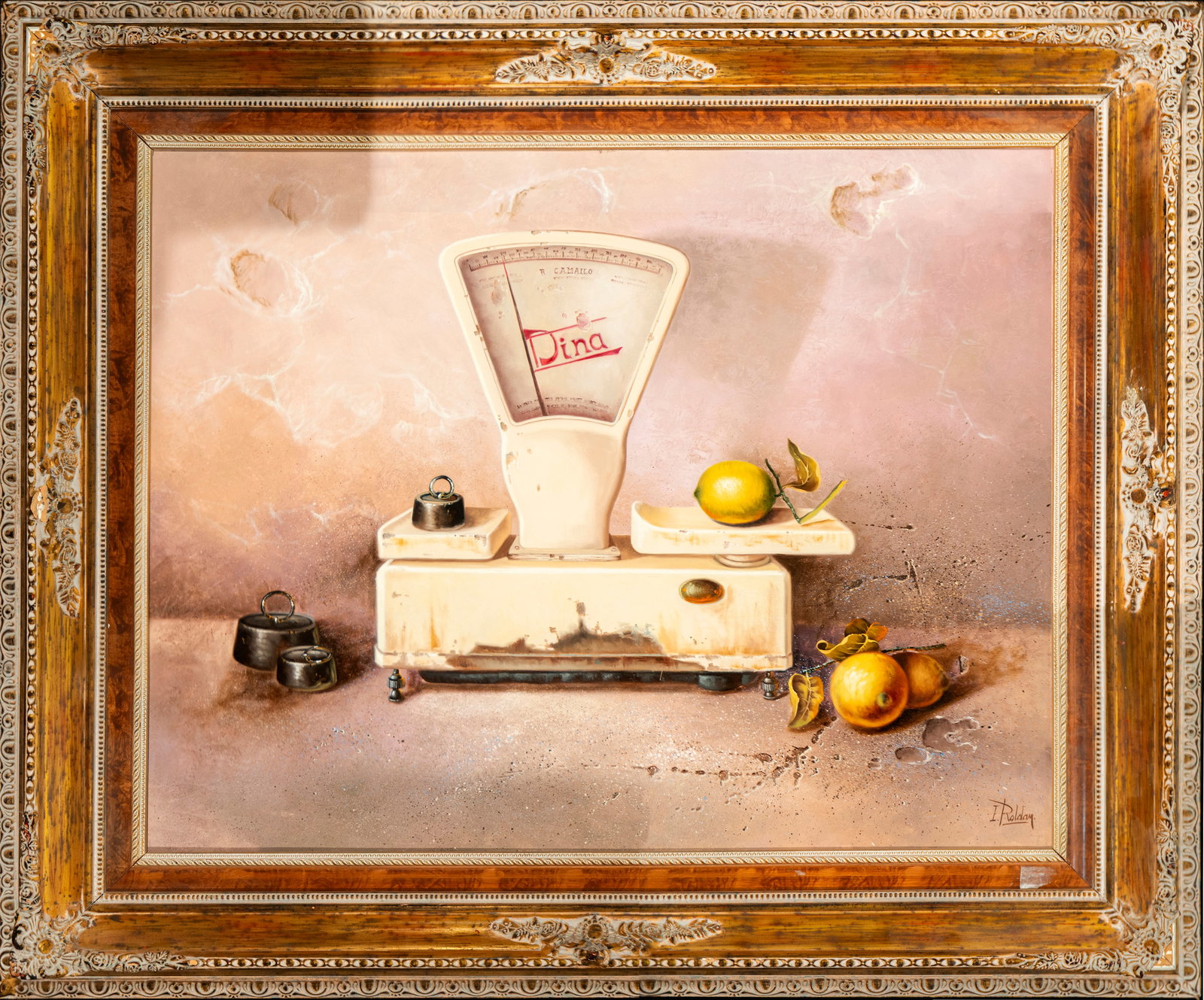 Still Life with Lemons and Scales, Signed Aguado Roldán, Spanish School, 20th Century (1 of 7)