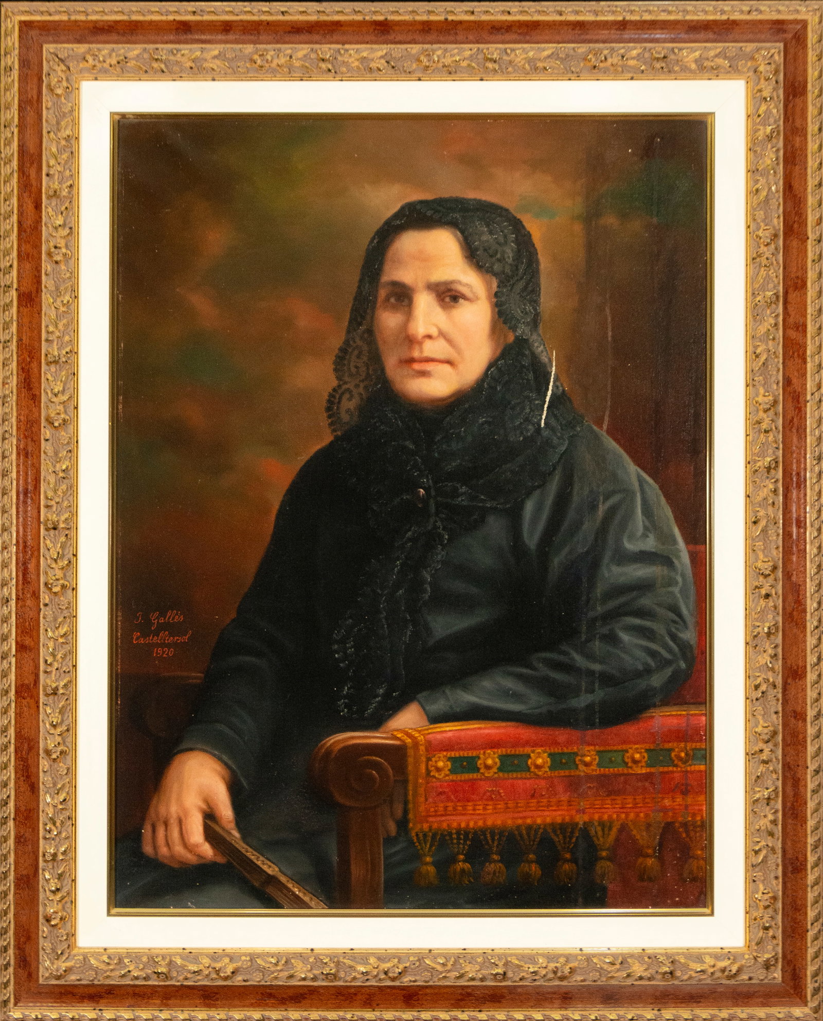 Portrait of an old woman, Signed J. Galles, Spanish School, 20th Century: Oil on canvas. Portrait of an elderly woman seated in an armchair, dressed in black with a lace mantilla, holding a fan. The composition is notable for the figure's sobriety and dignity, her face mode