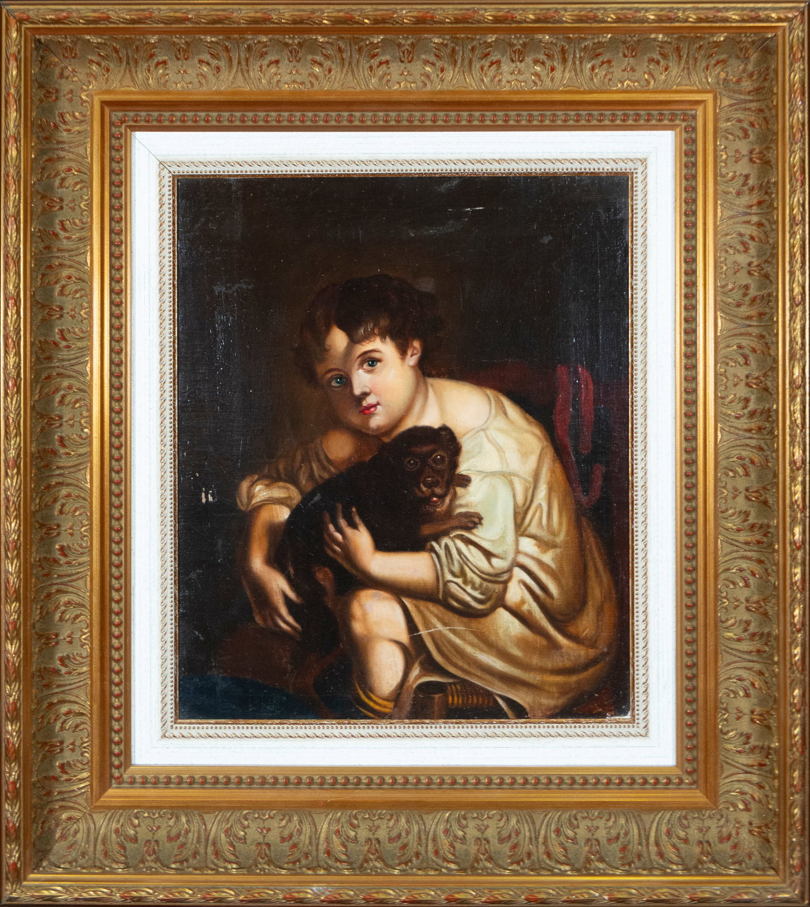 Girl with dog, French academic school, 19th-20th centuries: Measurements: 45 x 37 cm; frame 71 x 64 cm.