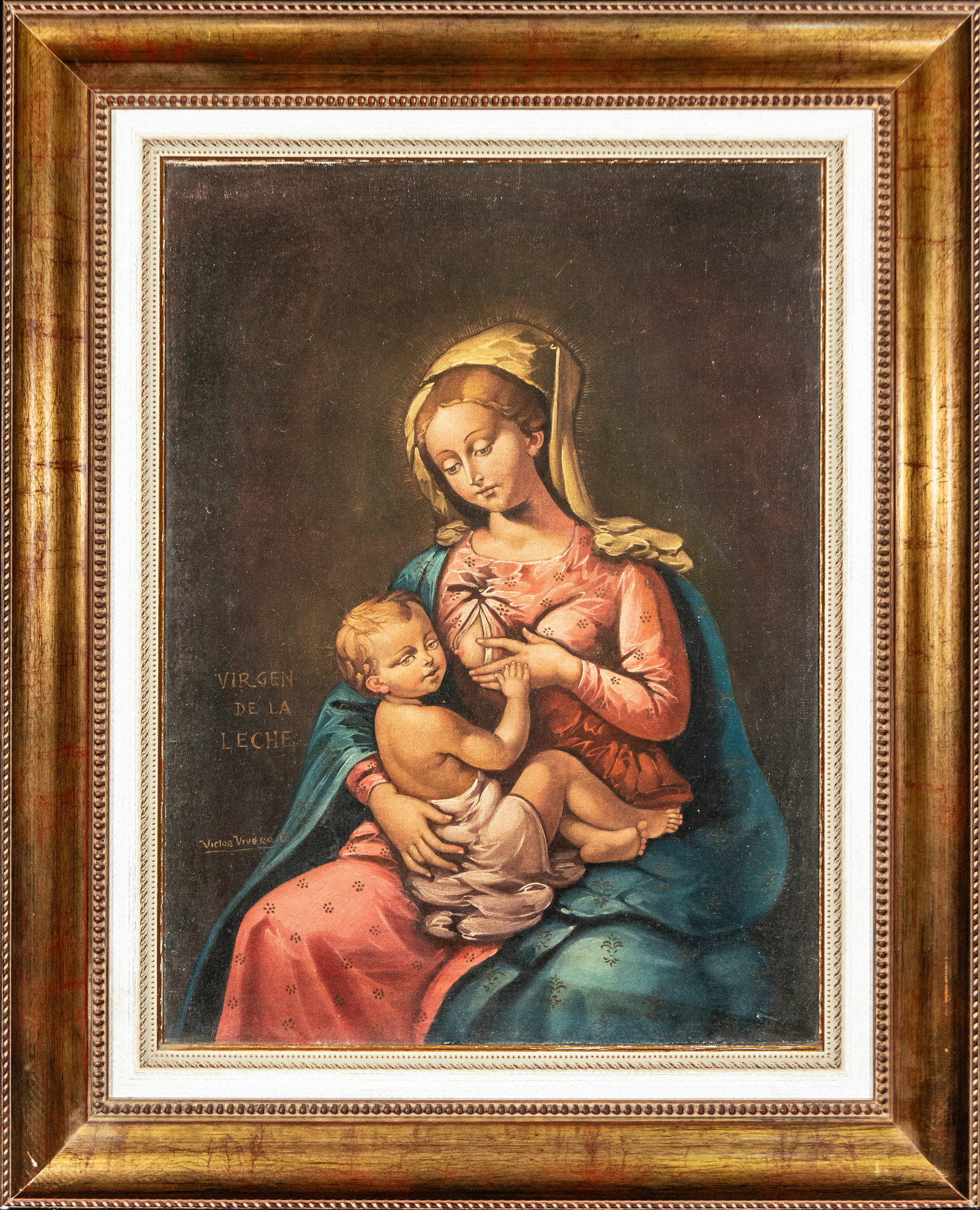 Virgin of the Milk, Spanish School, 20th Century: Oil on canvas. A devotional composition dedicated to Our Lady of the Milk, depicting Mary seated while breastfeeding the Christ Child, who rests on her lap in an attitude of intimate maternal closenes