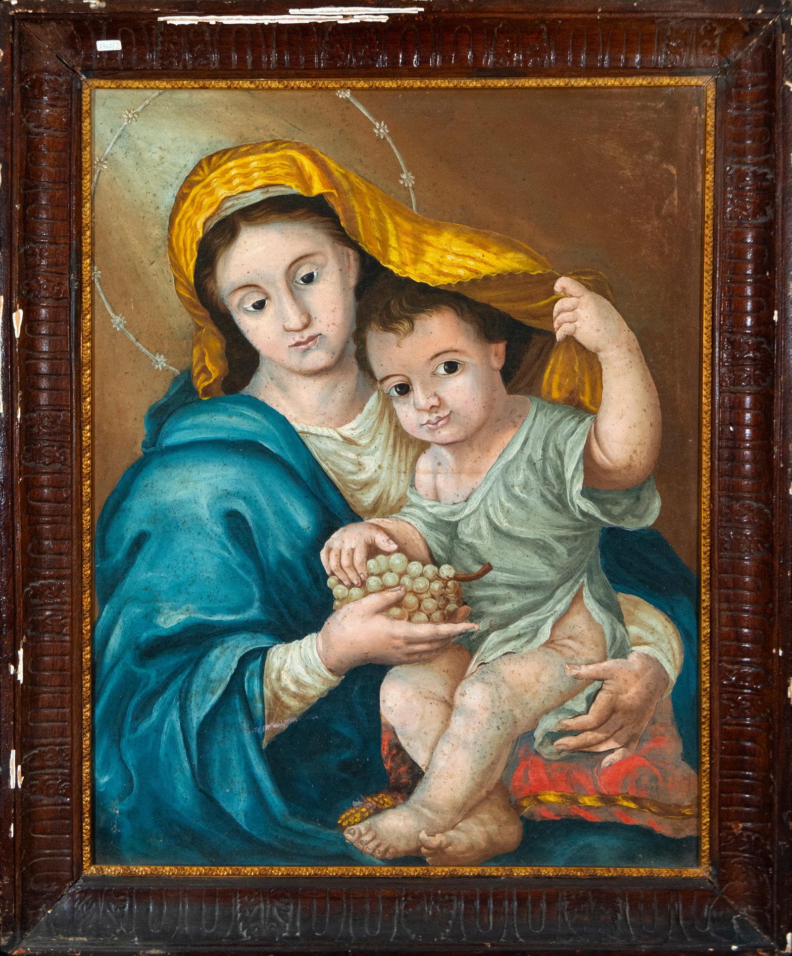 Virgin and Child, Spanish School, 19th-20th Centuries: Oil on canvas. Depiction of the Virgin Mary holding the Christ Child, both united by an expression of affection and contemplation. The Child carries a bunch of grapes, a Eucharistic symbol linked to s