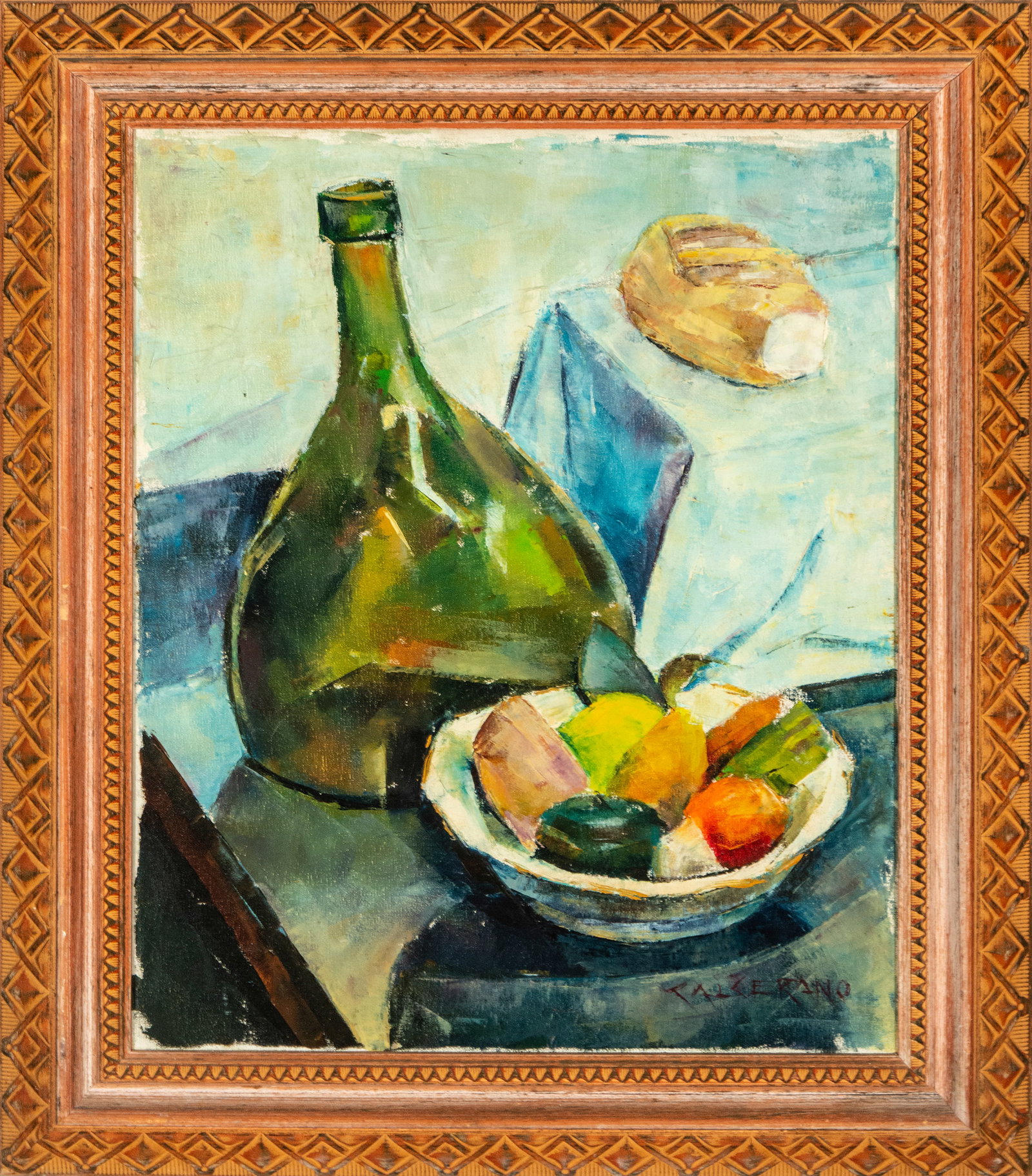 Still life with bottle and fruit. Signed. Painting, 19th-21st century: Oil on canvas. Dimensions 51 x 41 cm; frame 63 x 43 cm. Composition with a glass bottle and fruit bowl on a table covered with a light-colored tablecloth. The work employs a simplified construction of