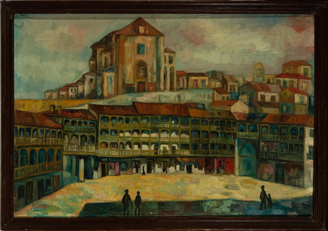 Salamanca Square, Romualdo Fernández Barrera, 20th-century Spanish school: Oil on canvas, measurements: 130 x 90, framed measurements: 140 x 100 cm