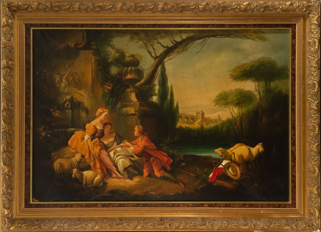 Bucolic Scene under a Caprice, 19th century French school: Canvas measurements: 161 x 100, framed measurements: 179 x 129 cm