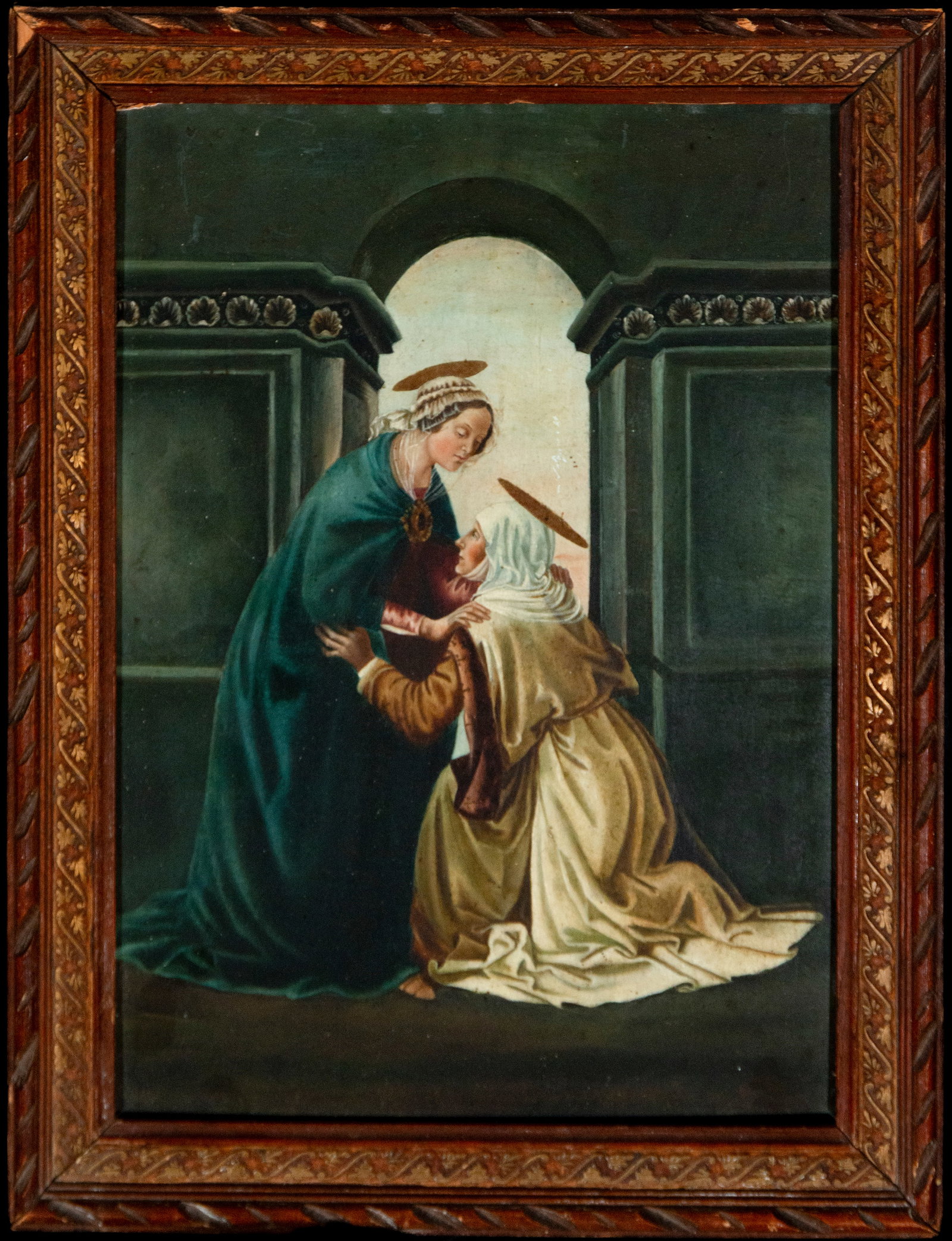 The Visitation, European school, Early 20th Century: Oil on panel. Dimensions: 29 x 20 cm; 35 x 25 cm. Scene of the Visitation with the Virgin Mary and Saint Elizabeth embracing beneath an architectural arch, in a composition of devotional character and
