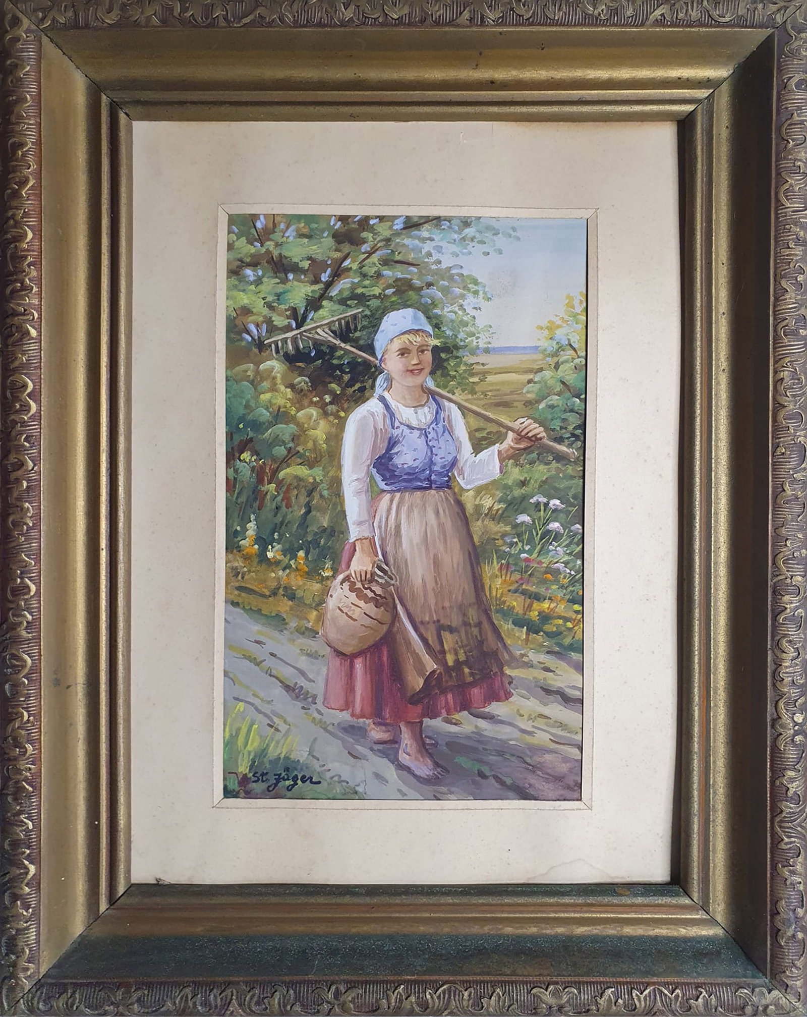 Young Shepherdess, watercolor on paper, signed St. Jager (1 of 2)