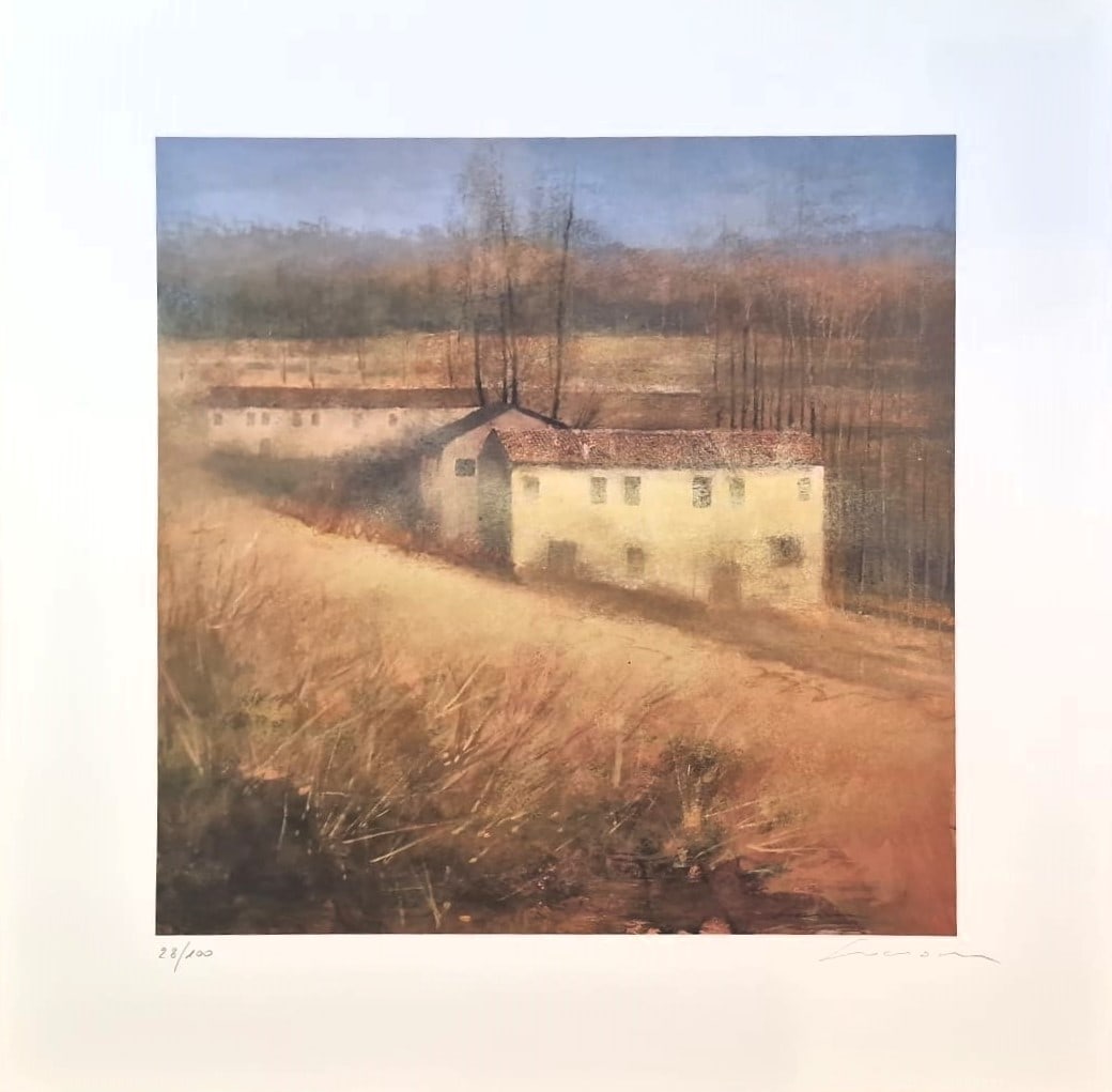 RENZO CROCIARA (Italy, 20th century) Paesaggio, 1990s: Color lithograph on paper. Dimensions: 70 × 70 cm. Signed in pencil in the lower right corner and signed on the plate in the lower left corner. Copy no. 28 of an edition of 100 copies numbered with A