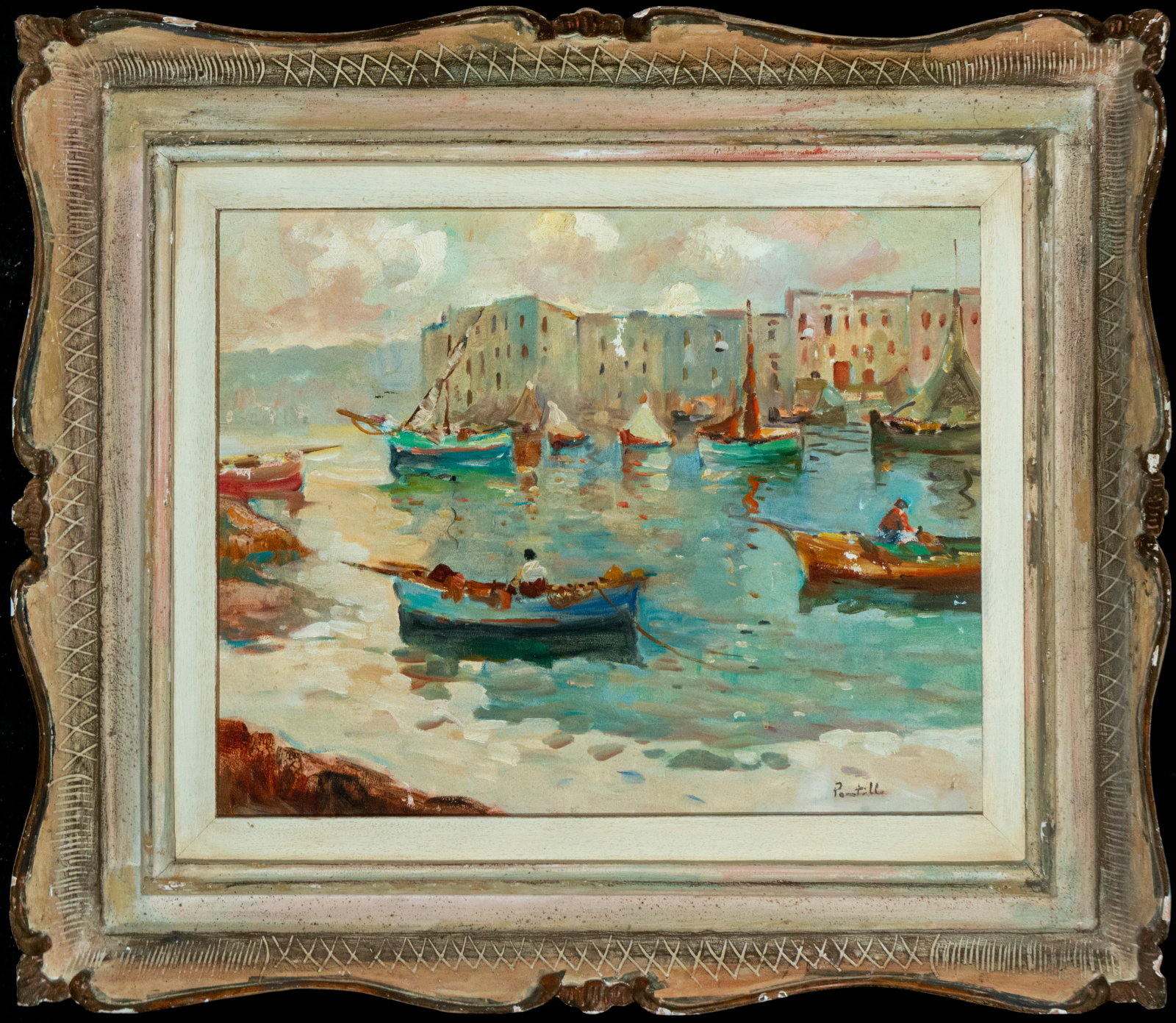 Marina with boats and port settlement. Signed Portillo, Spanish School, 20th Century: Oil on canvas. Dimensions: 45 x 60 cm. A maritime scene composed of several boats anchored off a cluster of coastal buildings reflected in the calm water. The composition is built with loose, luminous