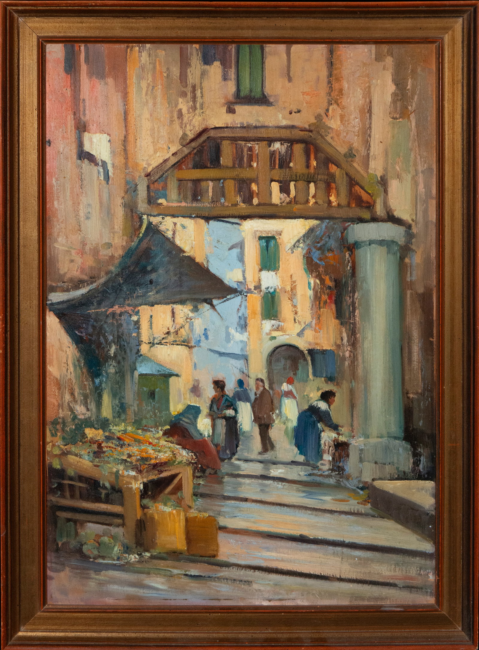 Market view, Spanish School, 20th century: Oil on panel. Dimensions: 66 x 46 cm. A lively urban scene centered on a corner of a market nestled among vernacular buildings, where various figures move about and carry out daily tasks alongside mar