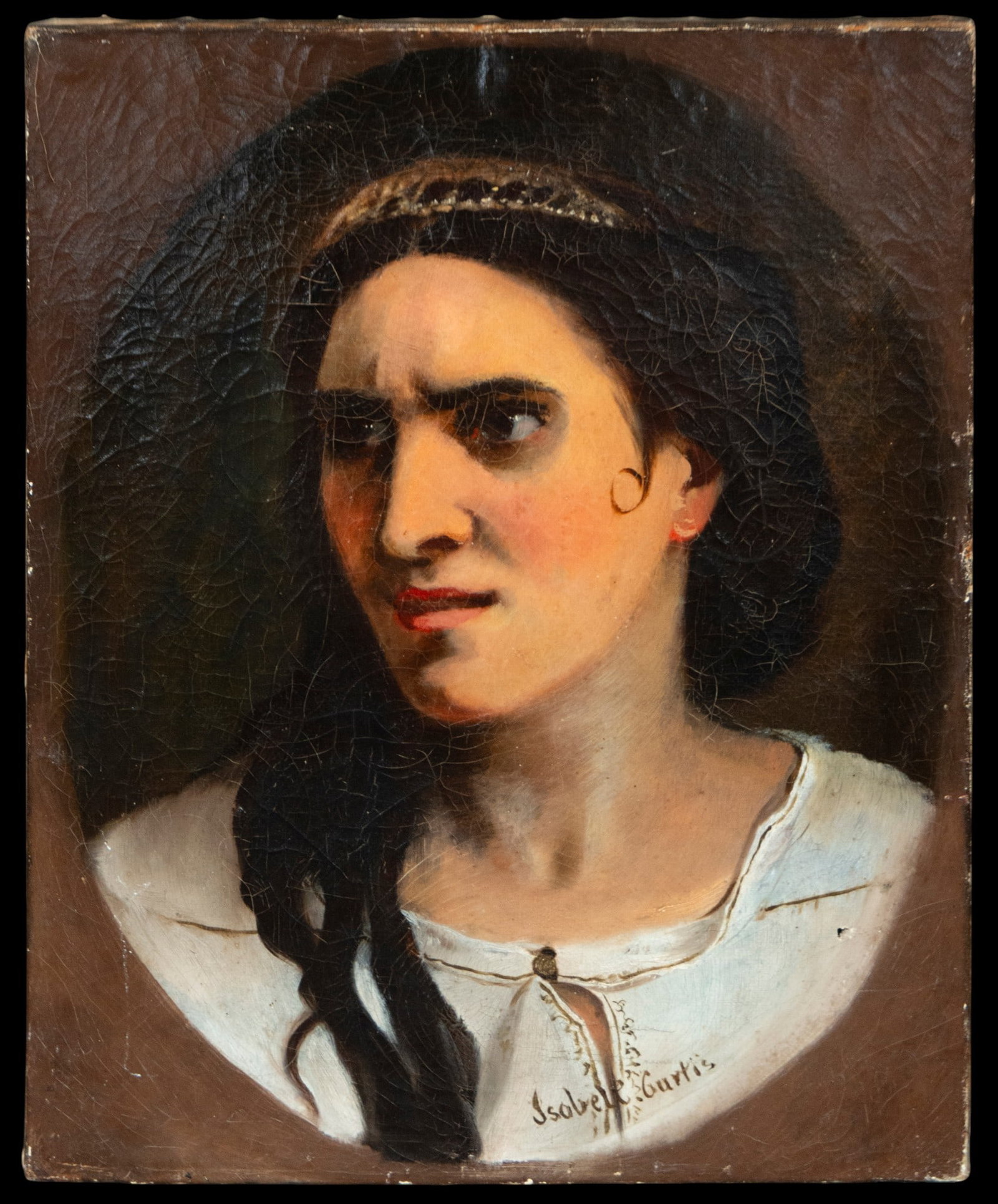 Female portrait of Diana, 19th-century French school, Isabele Gurtis: Oil on canvas, signed. Measures 49 x 39 cm. Female portrait with a strong expressive character, defined by the intense sideways gaze and the marked contrast between light and shadow.