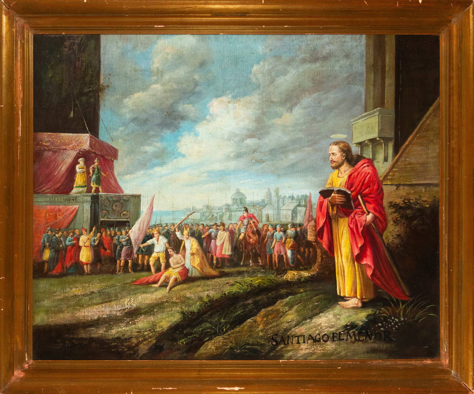 Saint James the Less. Spanish School. 19th Century: Oil on canvas. Dimensions: 82 x 101 cm. Saint James the Lesser appears in the foreground, standing, wearing a yellow tunic and red cloak, carrying a book and a mace, an attribute of his martyrdom. In 