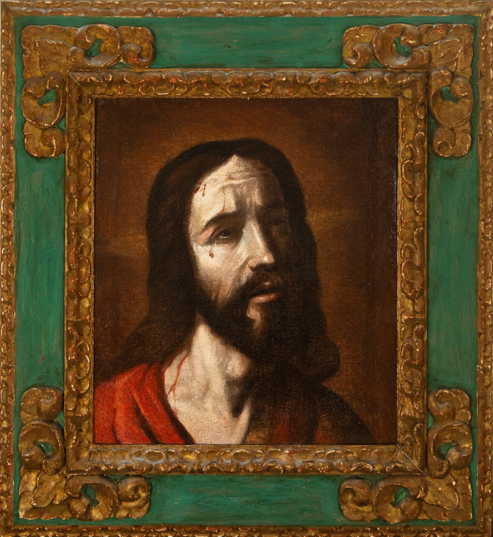 True effigy of Christ the Savior. Circle of Zurbarán. First half of the 17th century.: Oil on canvas. Tenebrist technique with focal lighting on Christ's face, following the devotional models characteristic of Francisco Zurbarán's circle. The serene and sorrowful expression, together w