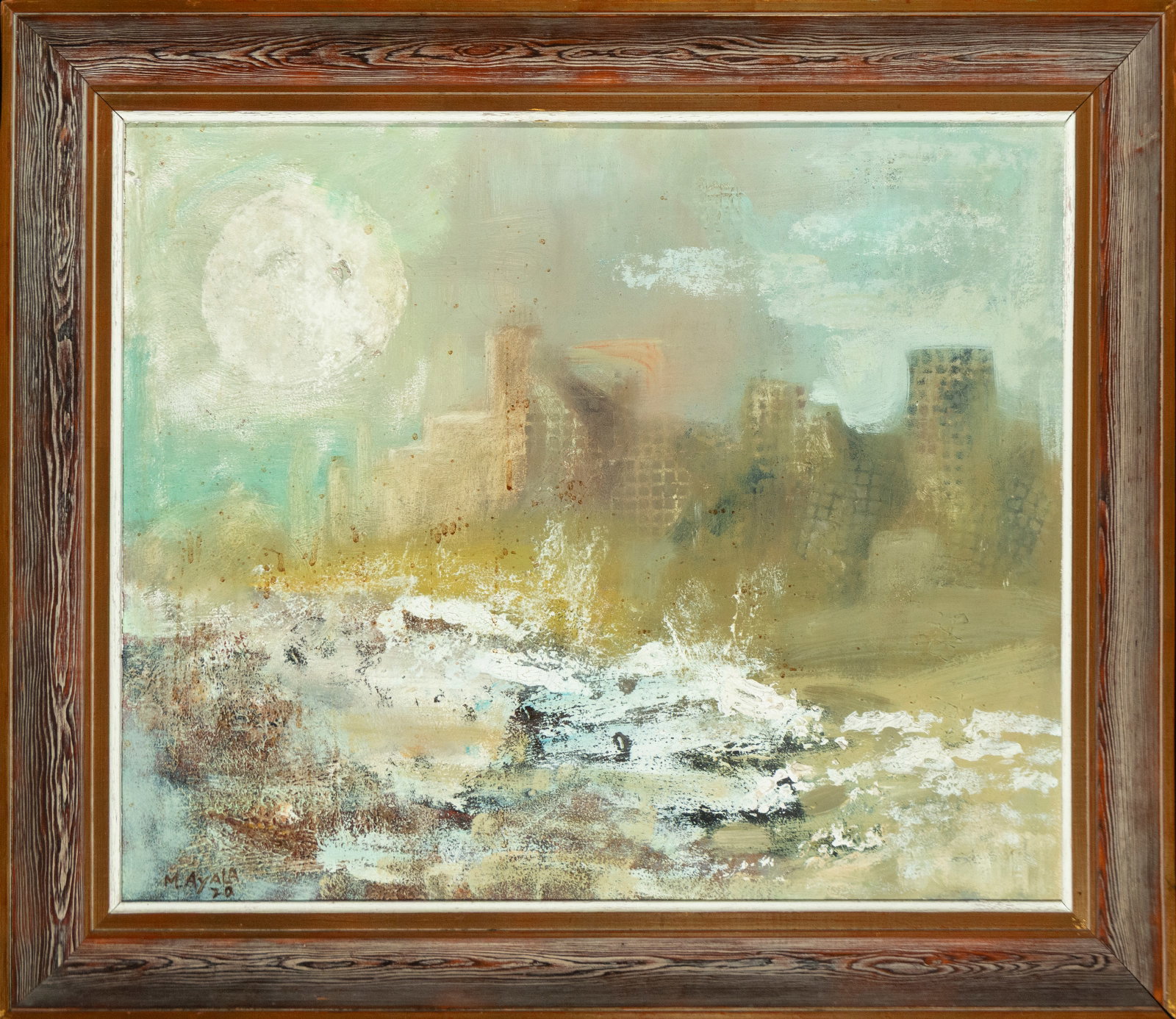 Urban landscape. M. Ayala. Mexico, 1970.: Oil on canvas. Dimensions 70 × 100 cm. Signed and dated in the lower left corner: “M. Ayala 70”. Urban view with skyscrapers amidst haze in an abstract style. The paint is applied thickly, wi