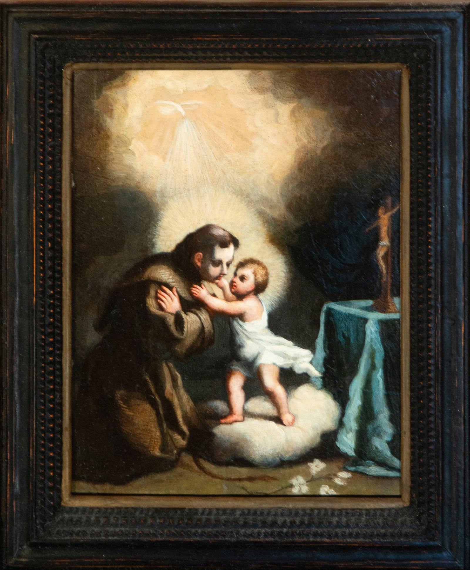 The Dream of Saint Anthony. Circle of Goya. Spanish School. 19th Century: Oil on slate. Dimensions: 28 x 23 cm (35 x 29.5 x 3 cm with frame). This religious painting depicts the dream of Saint Anthony in a composition of powerful luminous drama. The unusual technique of pai
