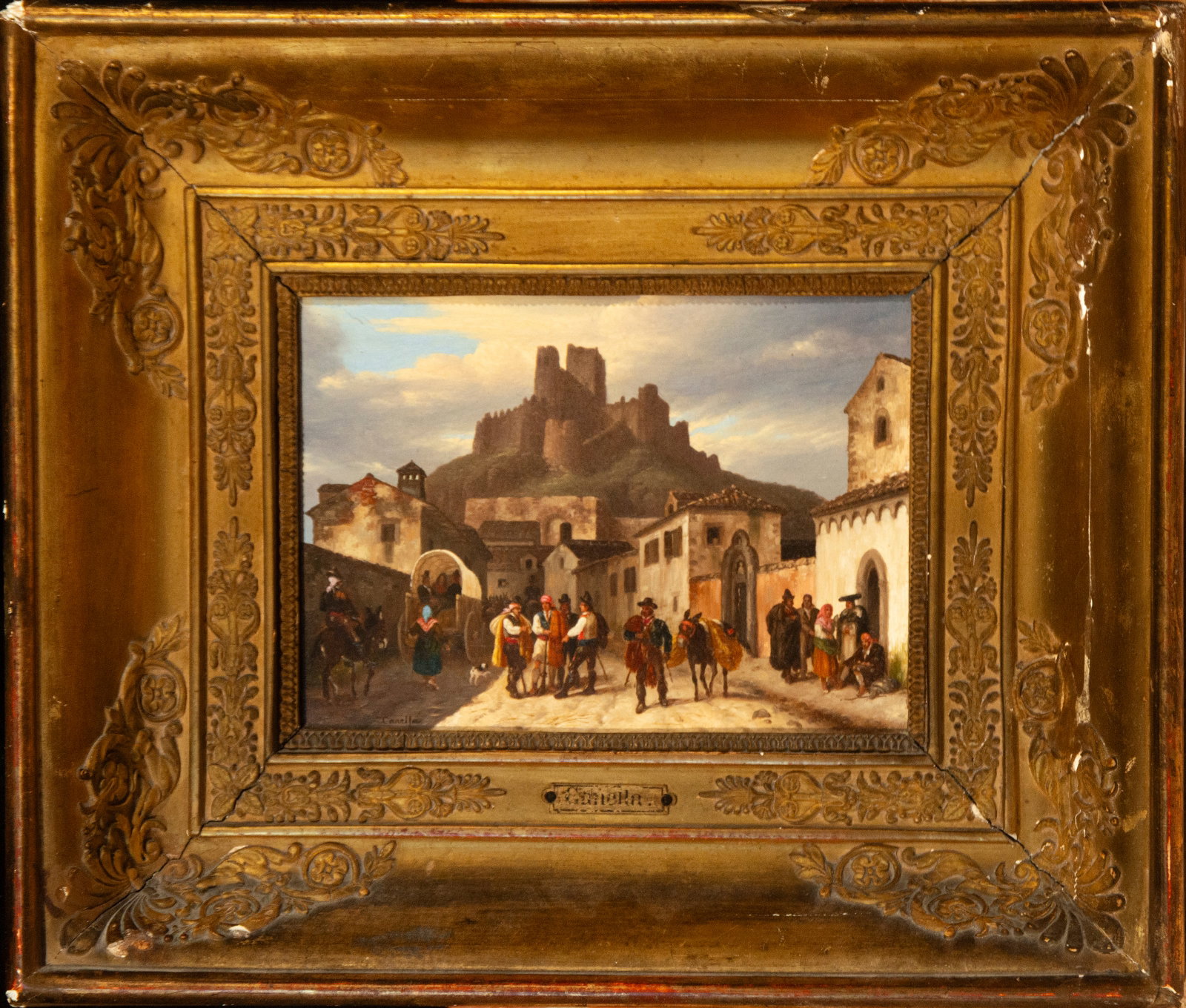 View of the city of Almansa with the castle in the background. Giuseppe Canella. Italian School.: Oil on tin. Dimensions: 12.8 x 16.6 cm (24.5 x 28.5 x 5 cm with frame). Signed in the lower left corner: “Canella”. Painted around 1820, this work depicts a cityscape of Almansa, with the Almo