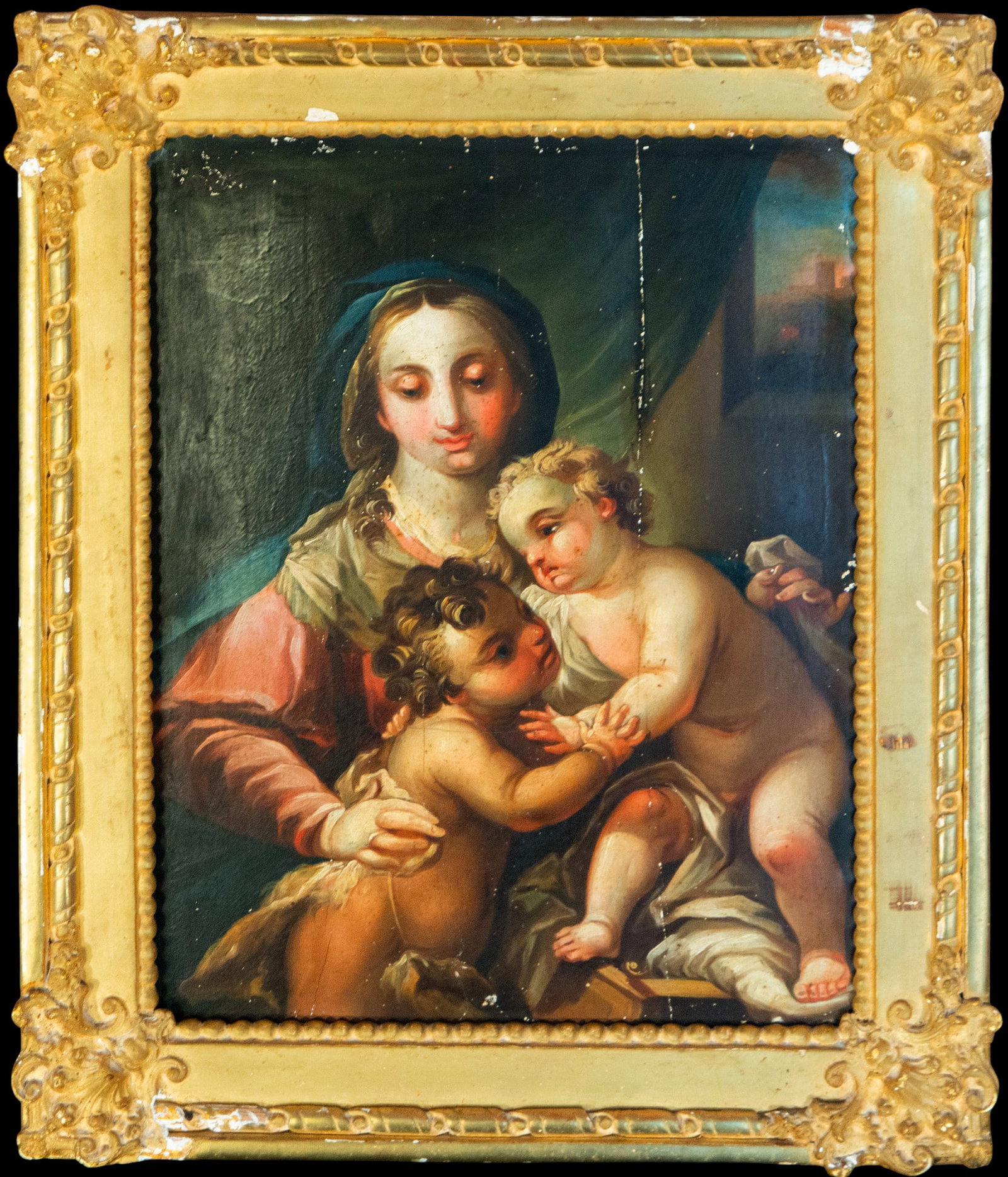 Virgin and Child. Attributed to Vicente López. Spanish School. 19th Century: Oil on panel. Dimensions: 36 x 27.5 cm (43.5 x 34.8 x 3.5 cm with frame). This devotional work depicts the Virgin Mary holding the Christ Child in a setting of golden light and balanced composition. T