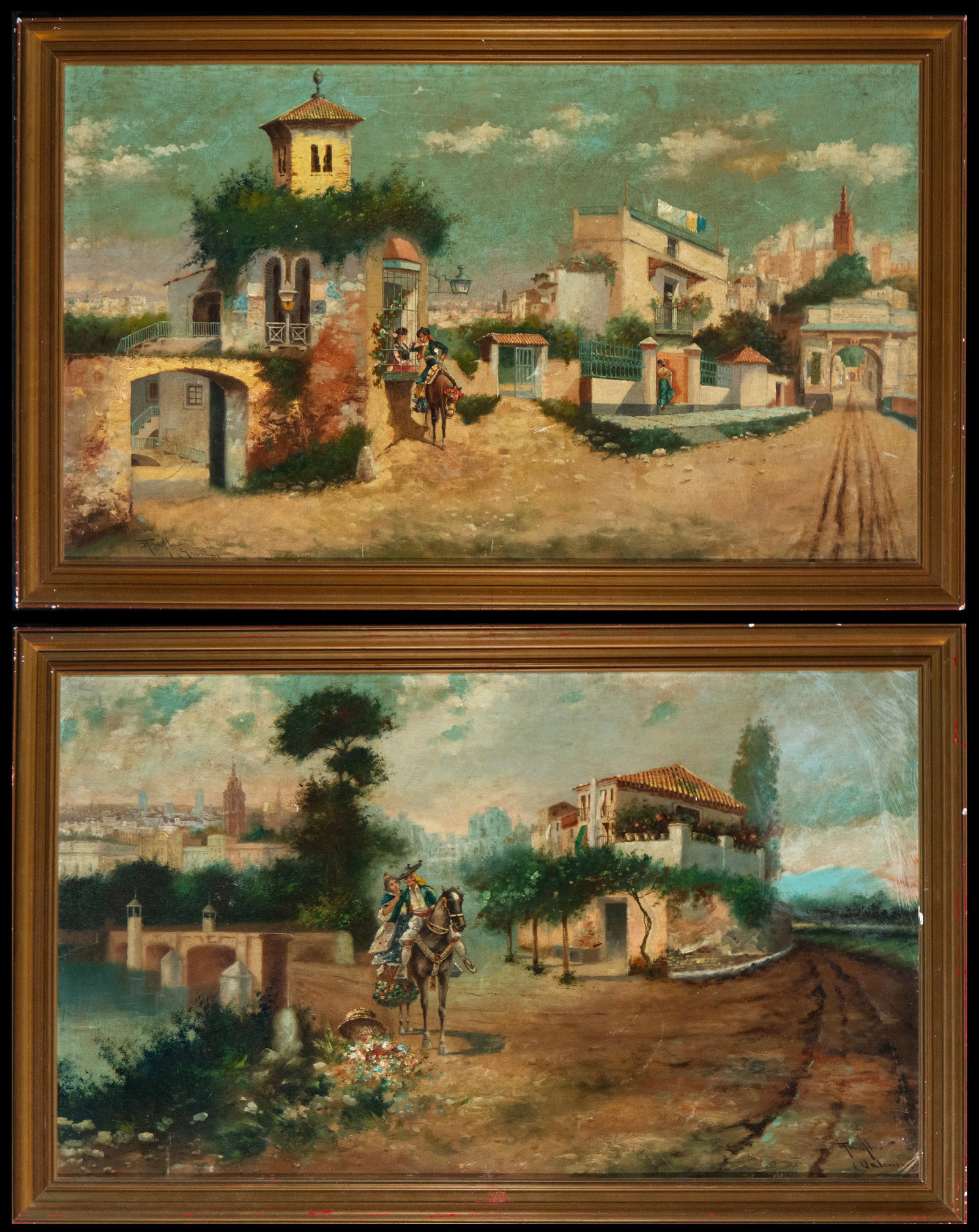 Pair of romantic Spanish scenes - Valencia and Seville, SIGNED: Oil on canvas. 19th-20th century. Dimensions: 96 cm x 56 cm. Dimensions with frame: 106 cm x 67 cm. Pair of compositions depicting urban and suburban views featuring horsemen and other figures. One sh
