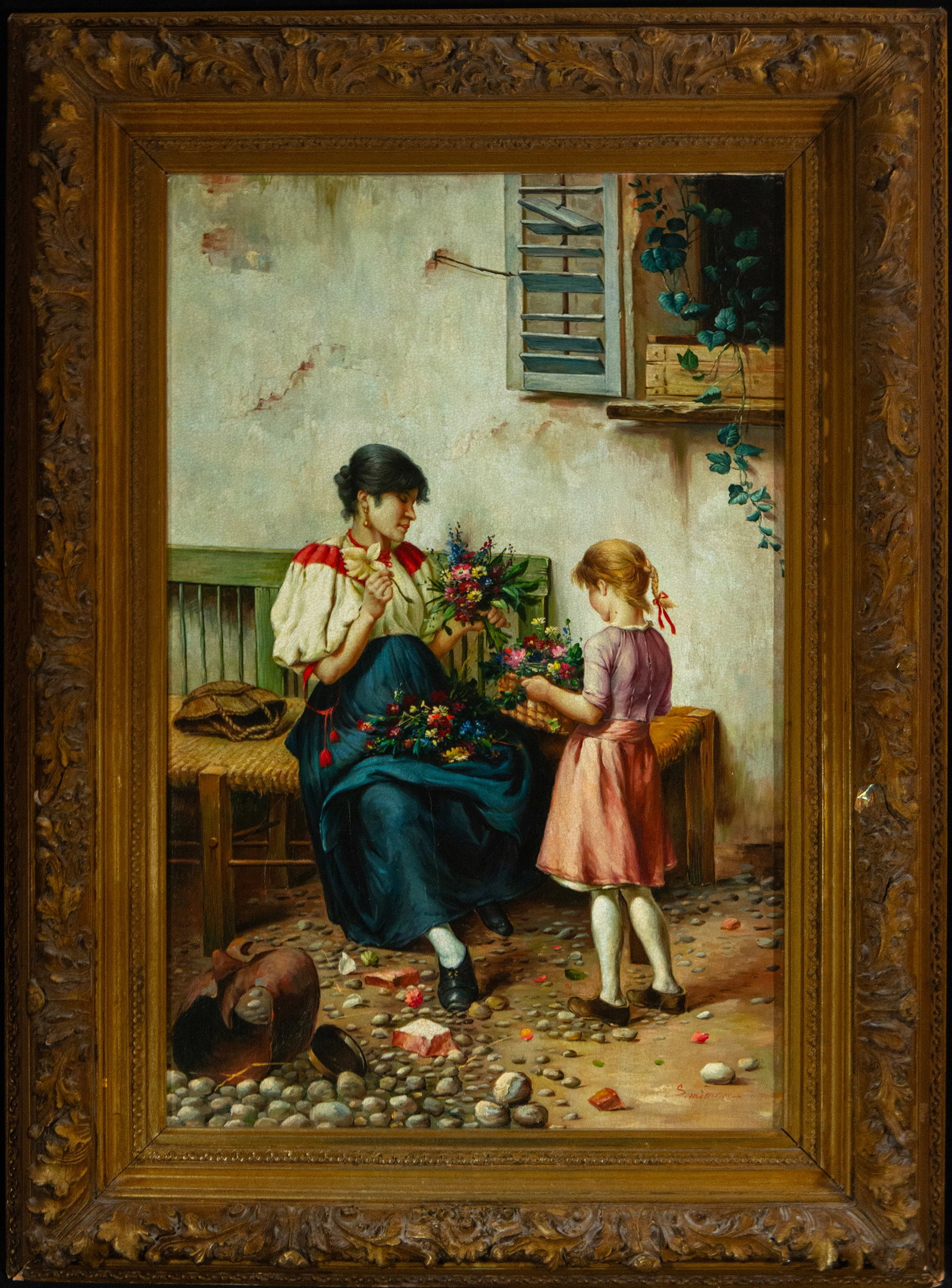 Young man with girl arranging bouquets of flowers, Signed, European school, 19th century: Oil on canvas. Measurements 91 cm x 56 cm. Measurements with frame 125 cm x 90 cm.
