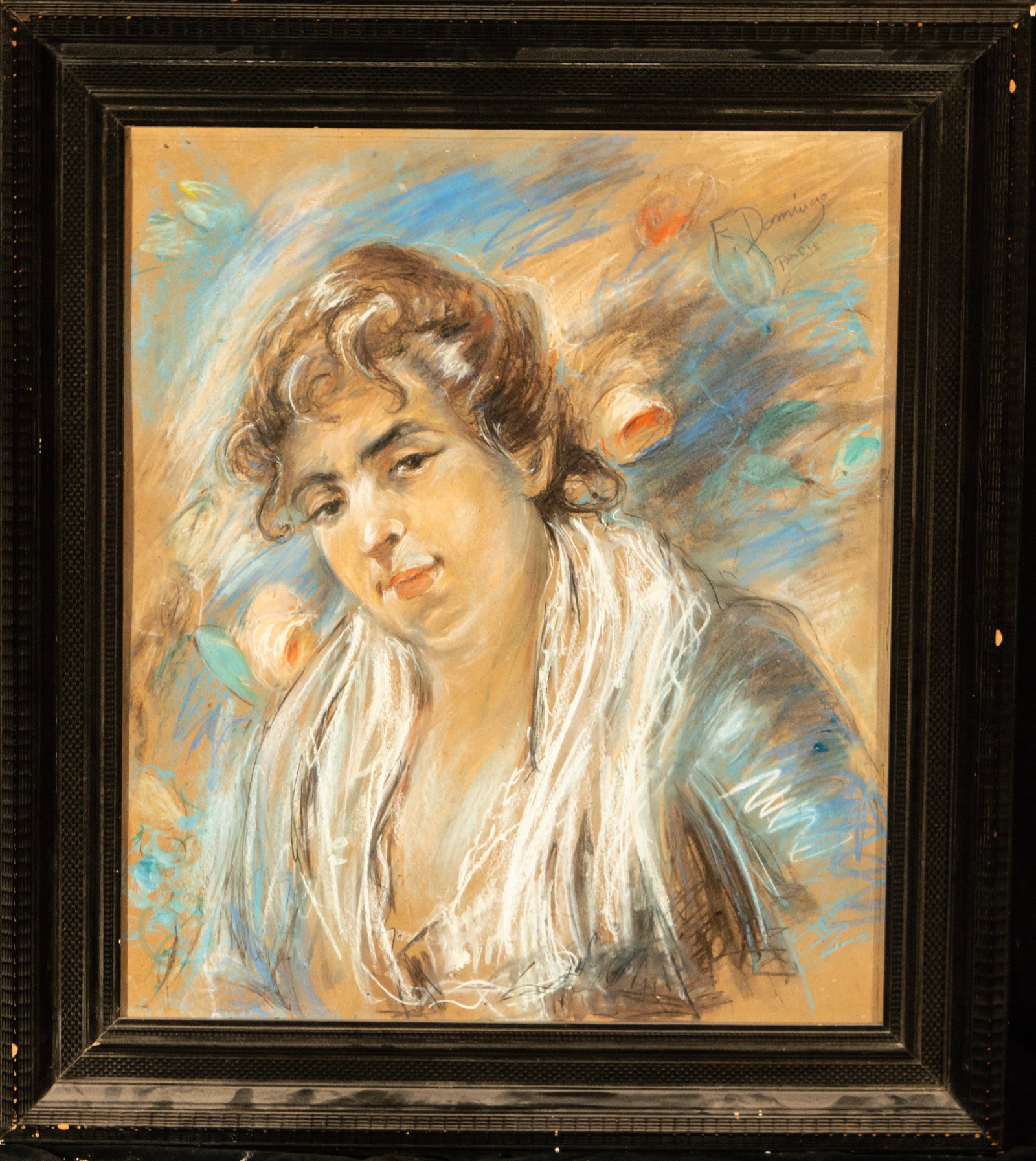 Watercolor, Signed, F. Domingo Paris, Portrait of a Woman: 69 cm x 61 cm (89 cm x 80 cm)