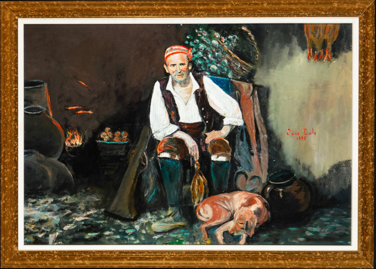 Old man sitting indoors, Signed, Basque school, 20th century: Oil on canvas. Dimensions 74 cm x 51 cm. Dimensions with frame 84 cm x 60 cm. In a rustic interior, an old man sits facing forward on a chair, wearing a red cap, white shirt, and dark vest, accompanie