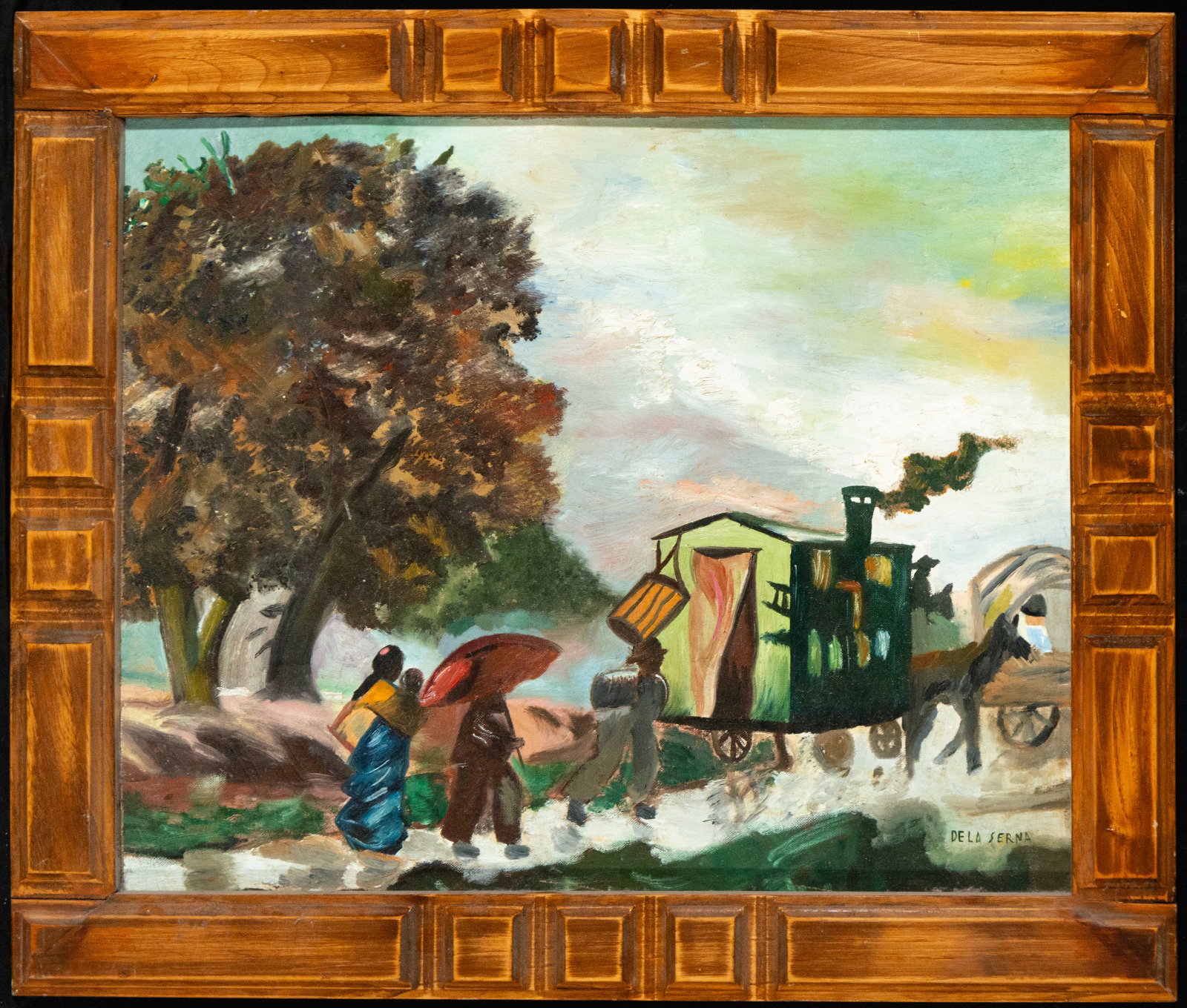 Landscape with steam cart and figures in the rain, Signed, Spanish school, 20th century: Oil on canvas. Dimensions 53 cm x 42 cm. Dimensions with frame 65 cm x 54 cm. In a landscape of loose brushstrokes and vibrant color, several figures cross a waterlogged area next to a steam-powered v