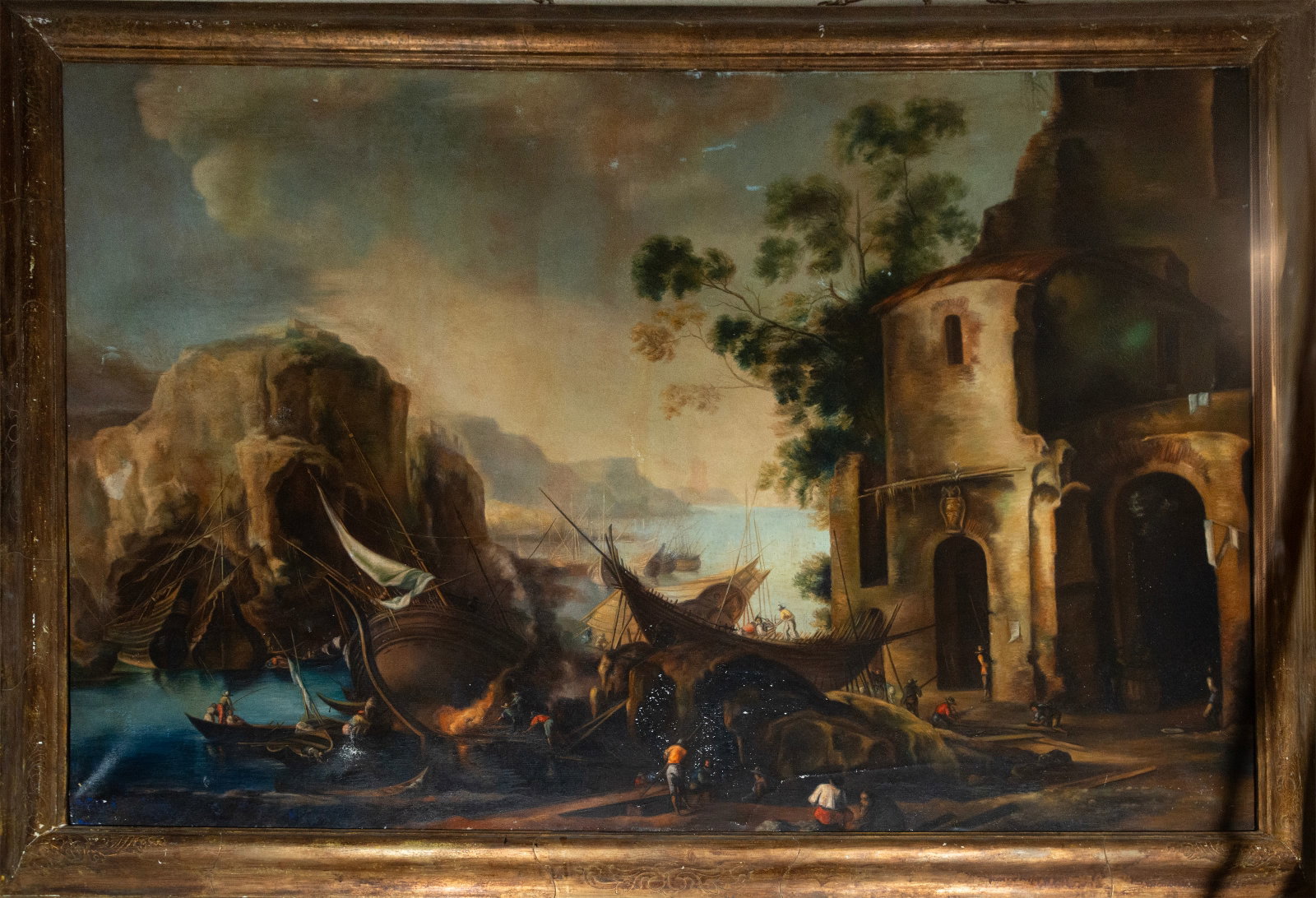 Port landscape with burning ships, European school, 19th/20th century (1 of 4)