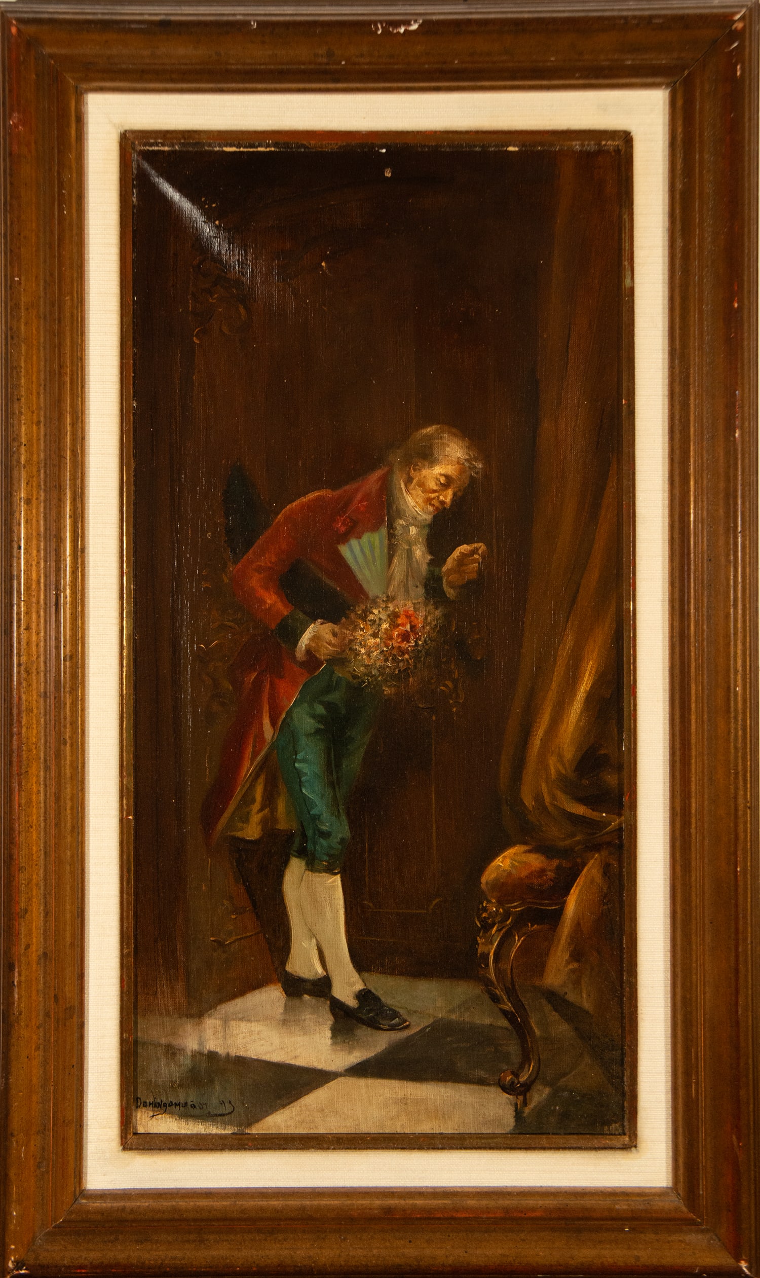 Gentleman with bouquet of flowers - Signed, Spanish School, 19th Century: Oil on canvas. Measures 70 x 35 cm and 87 x 51 cm. Male figure standing indoors, slightly leaning forward, holding a small bouquet of flowers while looking towards his hand, wearing a red coat, waistc