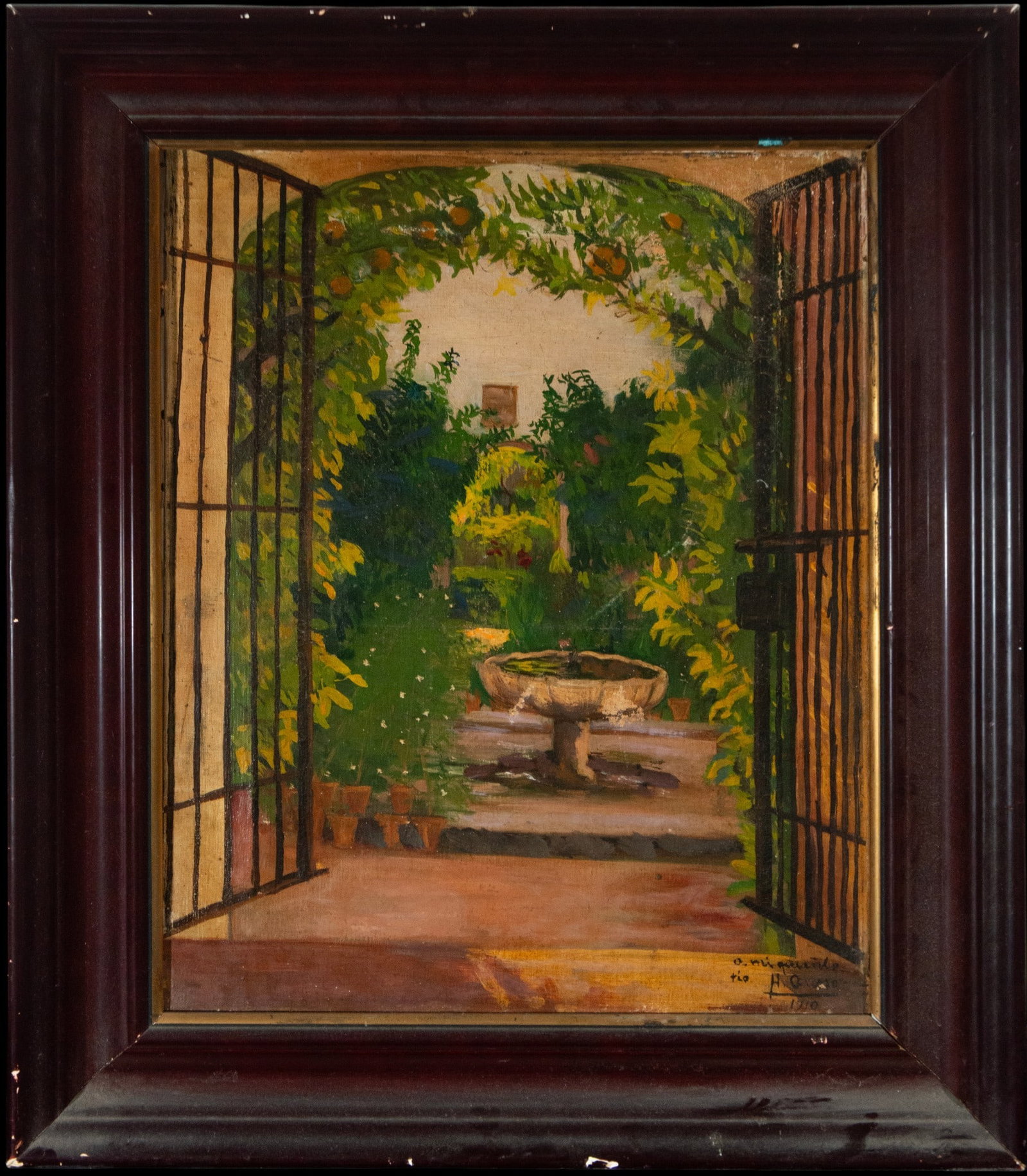 ALFONSO GROSSO S?NCHEZ (Spanish, 1893-1983): Oil on canvas. Measures 47 x 37 cm and 60 x 50 cm. Signed - Garden seen through an open gate that frames the composition, with abundant vegetation forming a natural arch that leads the eye towards a c