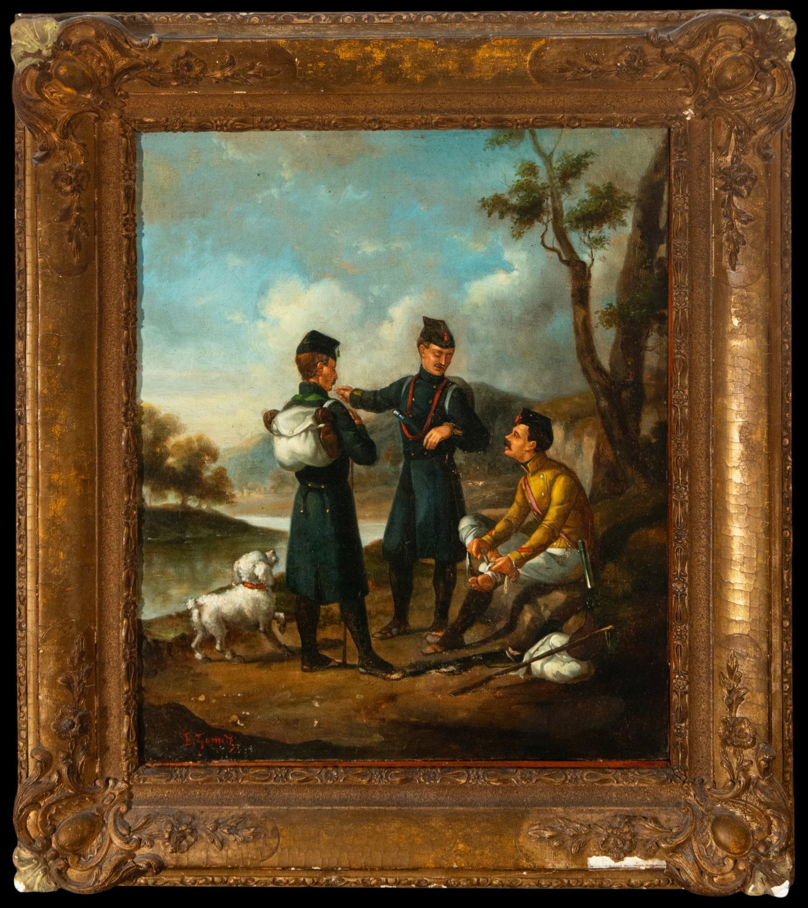 Scene of soldiers with a dog in a landscape. Signed, Spanish School, 19th century.: Oil on canvas. Measures 40 x 33 cm and 53 x 46 cm. Three male figures dressed in military uniforms converse in an open landscape next to a dog, with weapons and equipment resting on the ground, while 