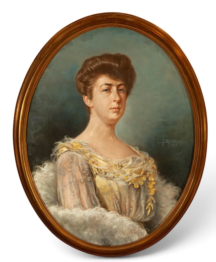 Portrait of a Lady, Signed, Spanish School, 19th Century: Pastel on paper. Dimensions: 70 x 58 cm and 90 x 69 cm. Half-bust portrait of a woman in an oval format, depicting her with a serene demeanor and direct gaze, emphasizing the elegance and dignity char
