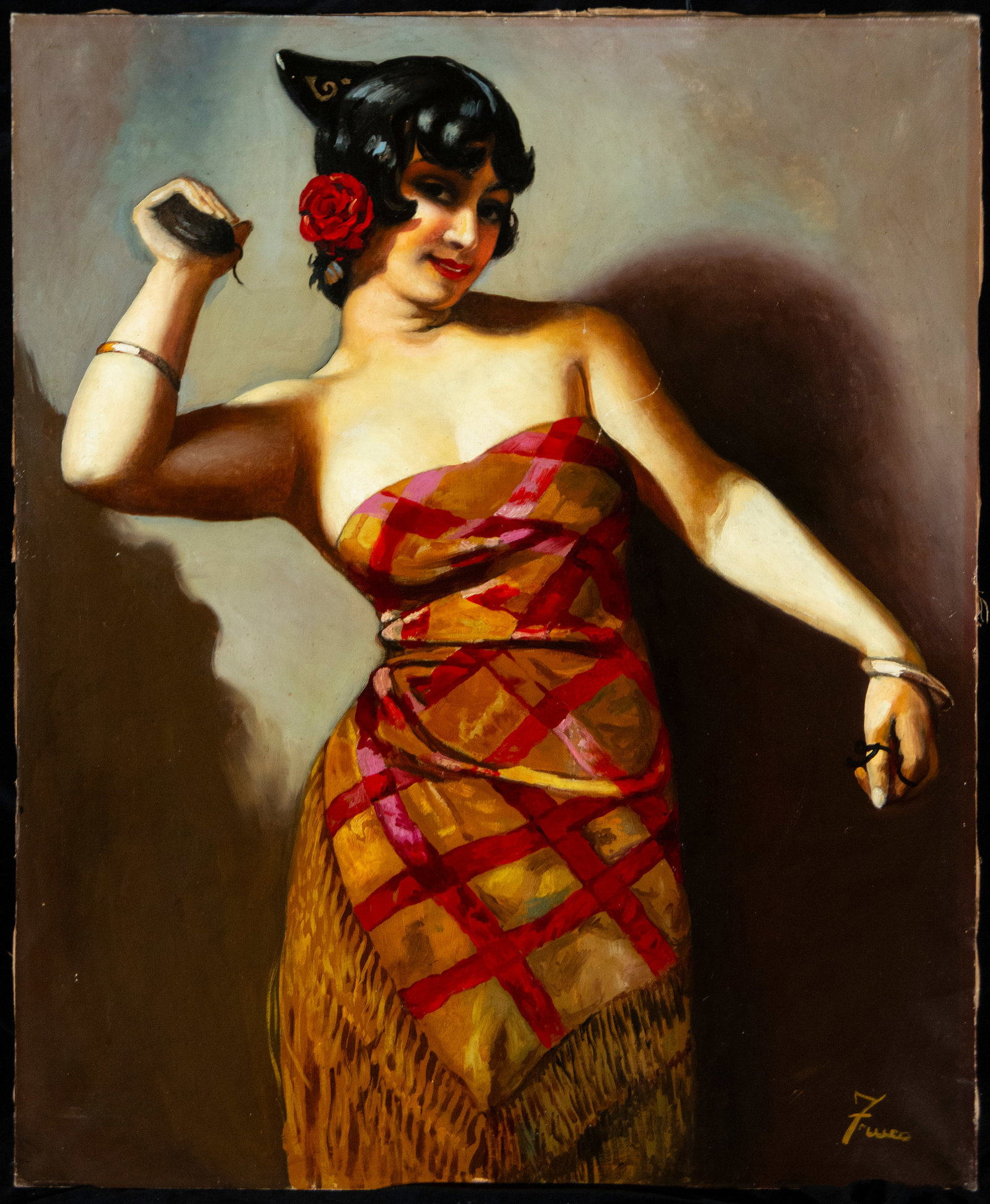 Female dancer. Signed Funes. Catalan school, 20th century: Oil on canvas. Dimensions 100 x 81 cm. Full-length female figure captured in a dancing pose, with her torso turned and arms in motion, conveying energy and sensuality. The dress, painted with broad, i