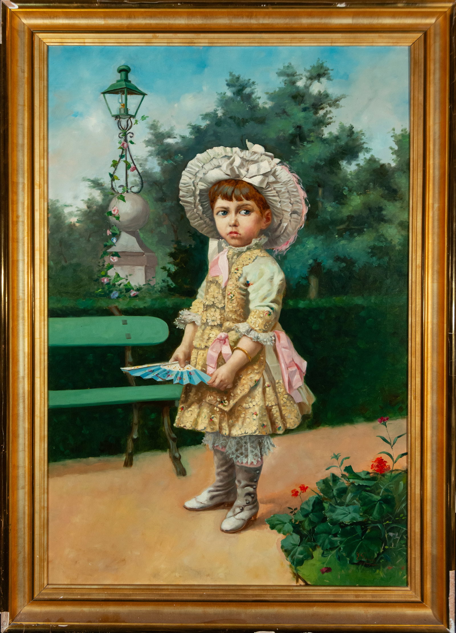 Portrait of a girl in a garden. Rosales, signed. Spanish School, 19th century: Oil on canvas. Dimensions 124 x 81 cm and 141 x 96 cm.