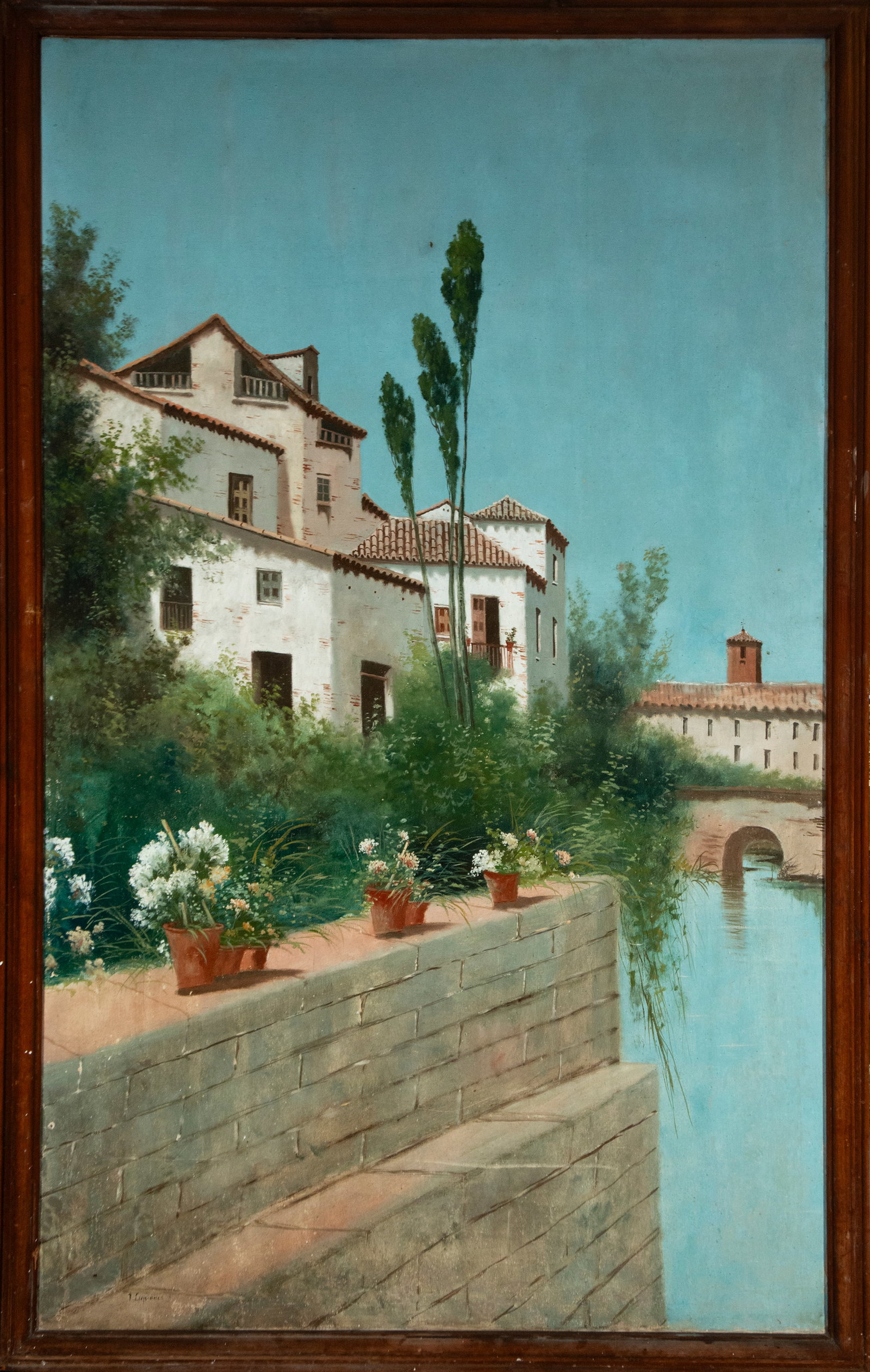 Landscape with houses and river. Signed by Lupiañes. Spanish School, 20th Century: Oil on canvas. Dimensions 182 x 111 cm and 193 x 122 cm.