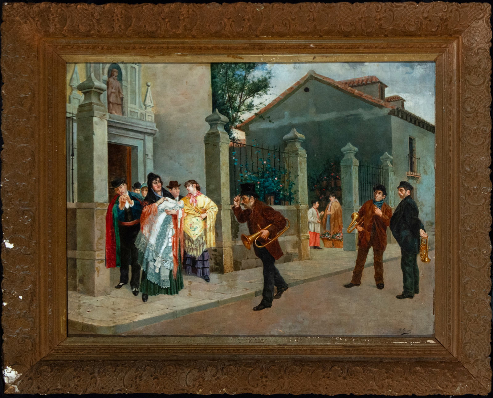 Figures leaving Mass with musicians. Signed Lizcano. Spanish School, 19th Century: Oil paintings on canvas. Dimensions 90 x 67 cm and 111 x 88 cm.