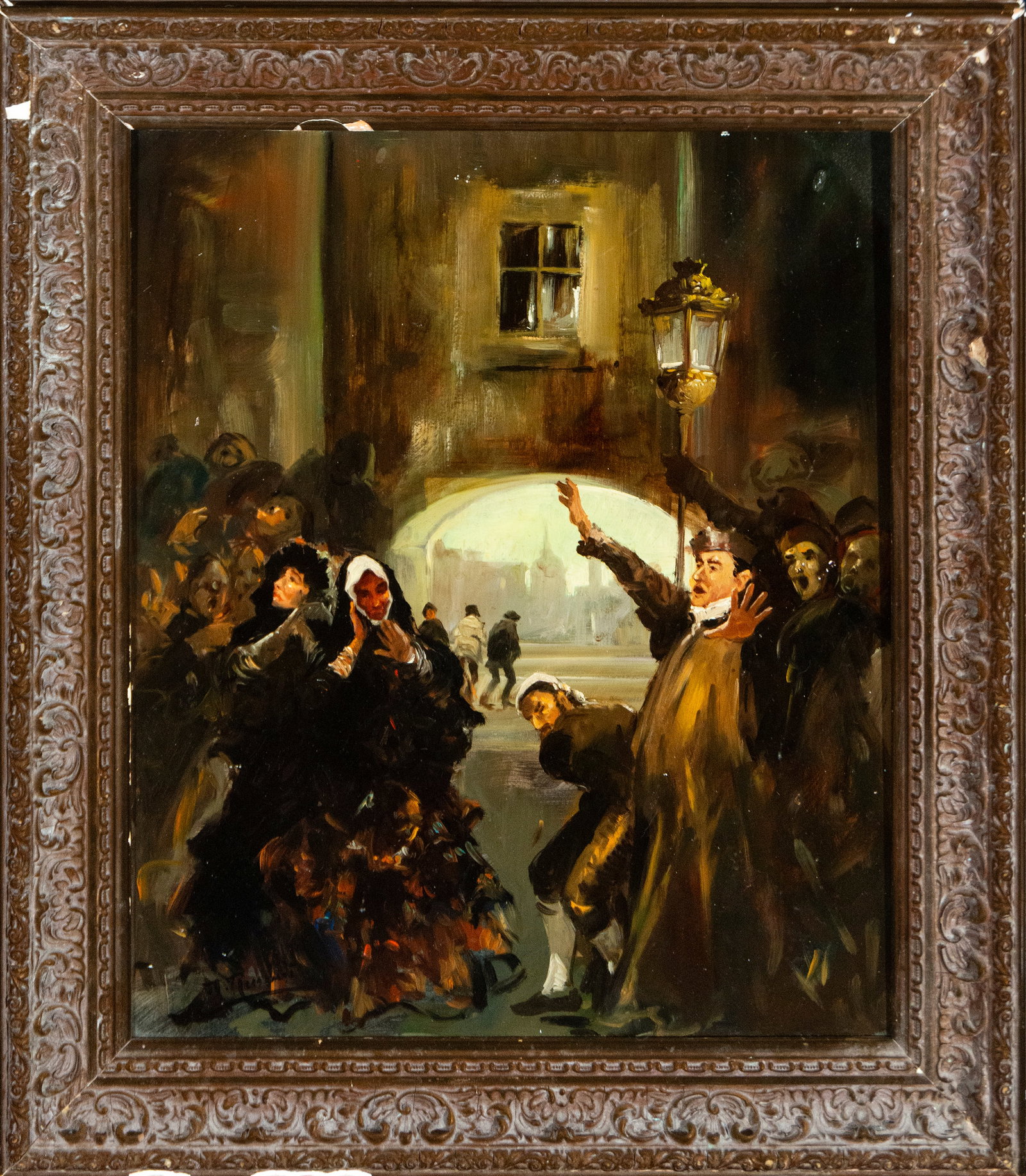 Scene with figures. Signed Ressendi. Spanish School, 20th Century: Oil paintings on canvas. Measurements 45 x 38 cm and 56 x 50 cm.