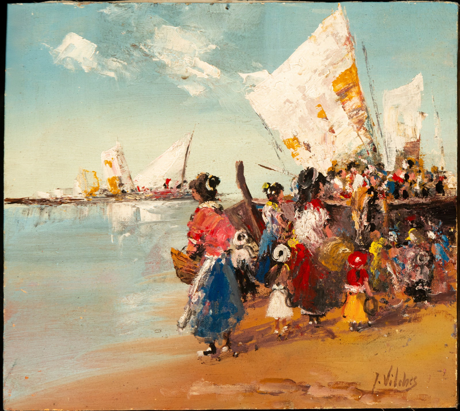 Beach scene. Signed J. Vilches, Spanish school, 20th century: Oil on canvas. Measurements 35 x 28 cm.