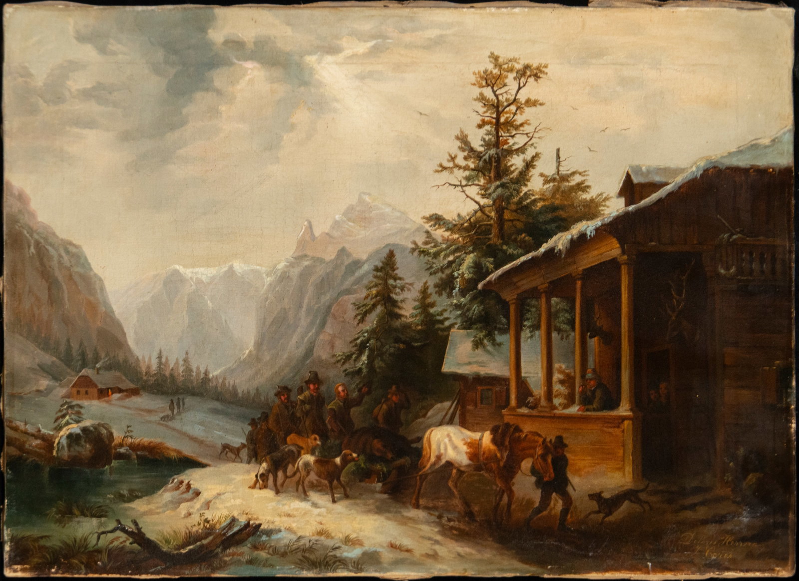 Mountain Landscape, Dolores Herrera, 19th Century: Oil on canvas. Dimensions 65 x 48 cm. A serene mountain landscape where a snowy road leads the eye to a cluster of rural buildings, while human and animal figures blend harmoniously into the natural e