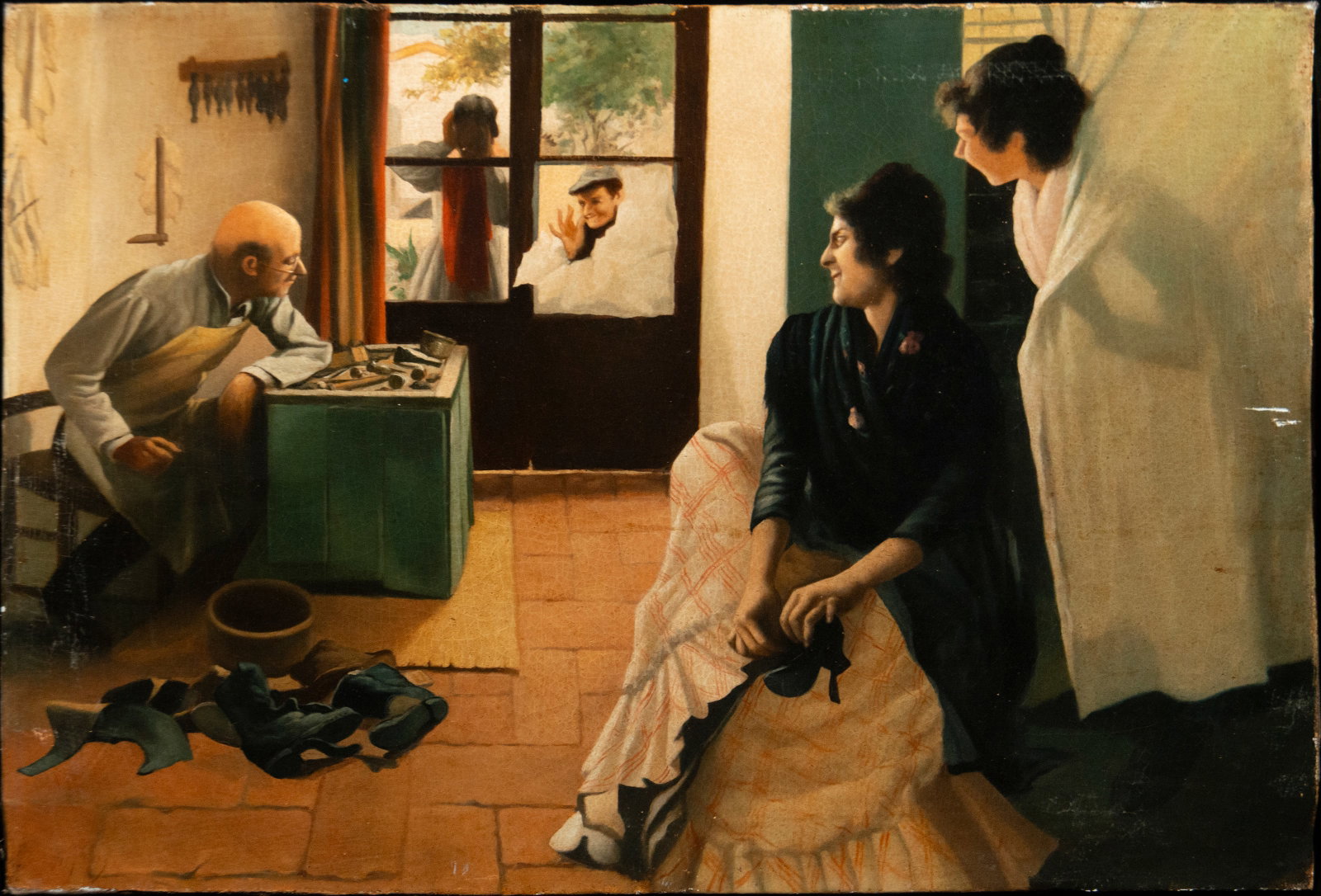 Genre scene from an interior. Signed. Post-Impressionist school. 20th century: Oil on canvas. Dimensions: 62 x 46 cm. A domestic interior scene depicting several figures around an everyday moment, articulated through a delicate interplay of glances and gestures that reinforce th