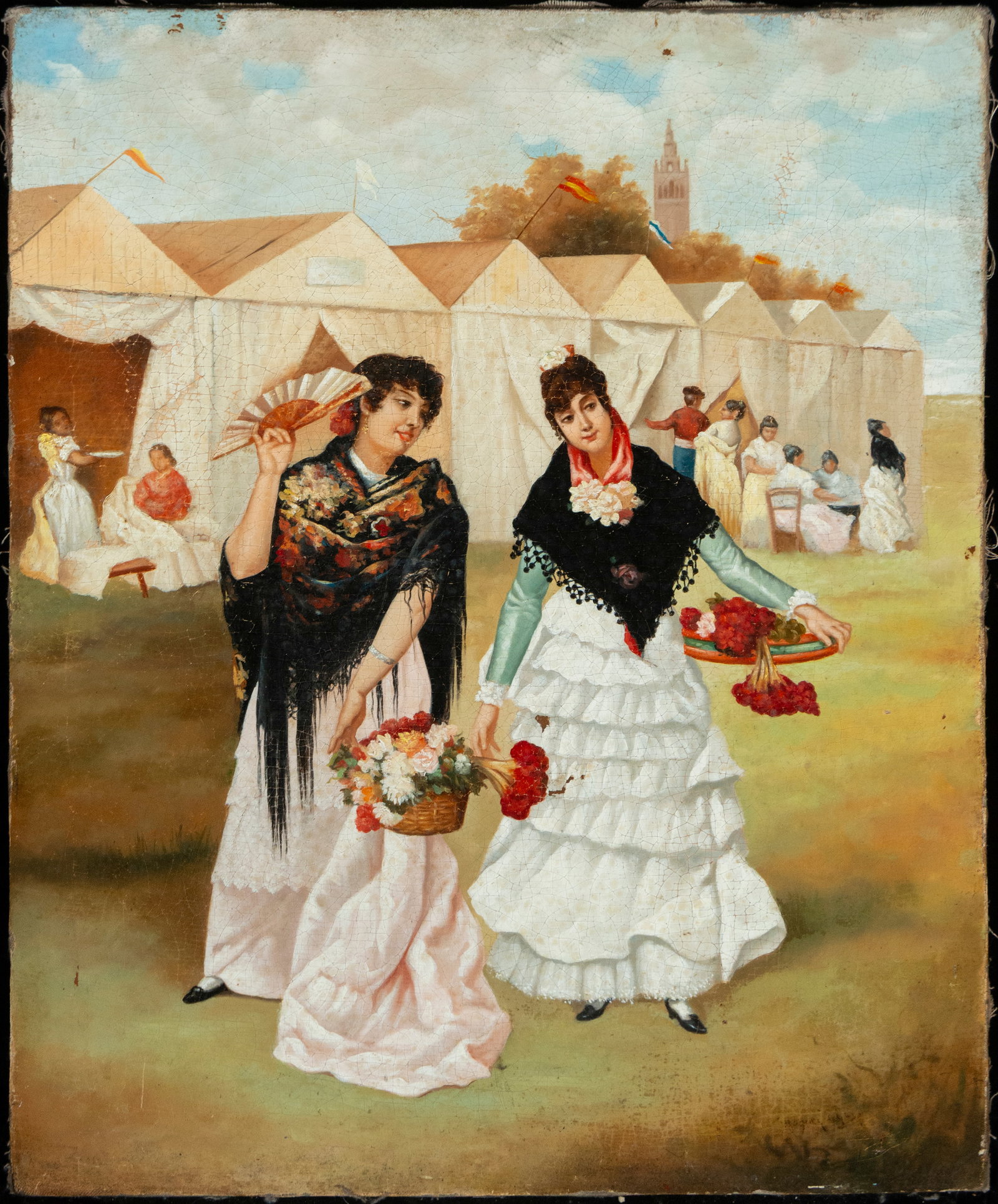 The Seville Fair. Rodriguez de Guzman. Andalusian costumbrista school. 20th century: Oil on canvas. Dimensions 58 x 47 cm. A festive scene set at the Seville Fair, where two female figures in traditional dress walk with flowers and fans past a row of casetas (fair booths) that form th