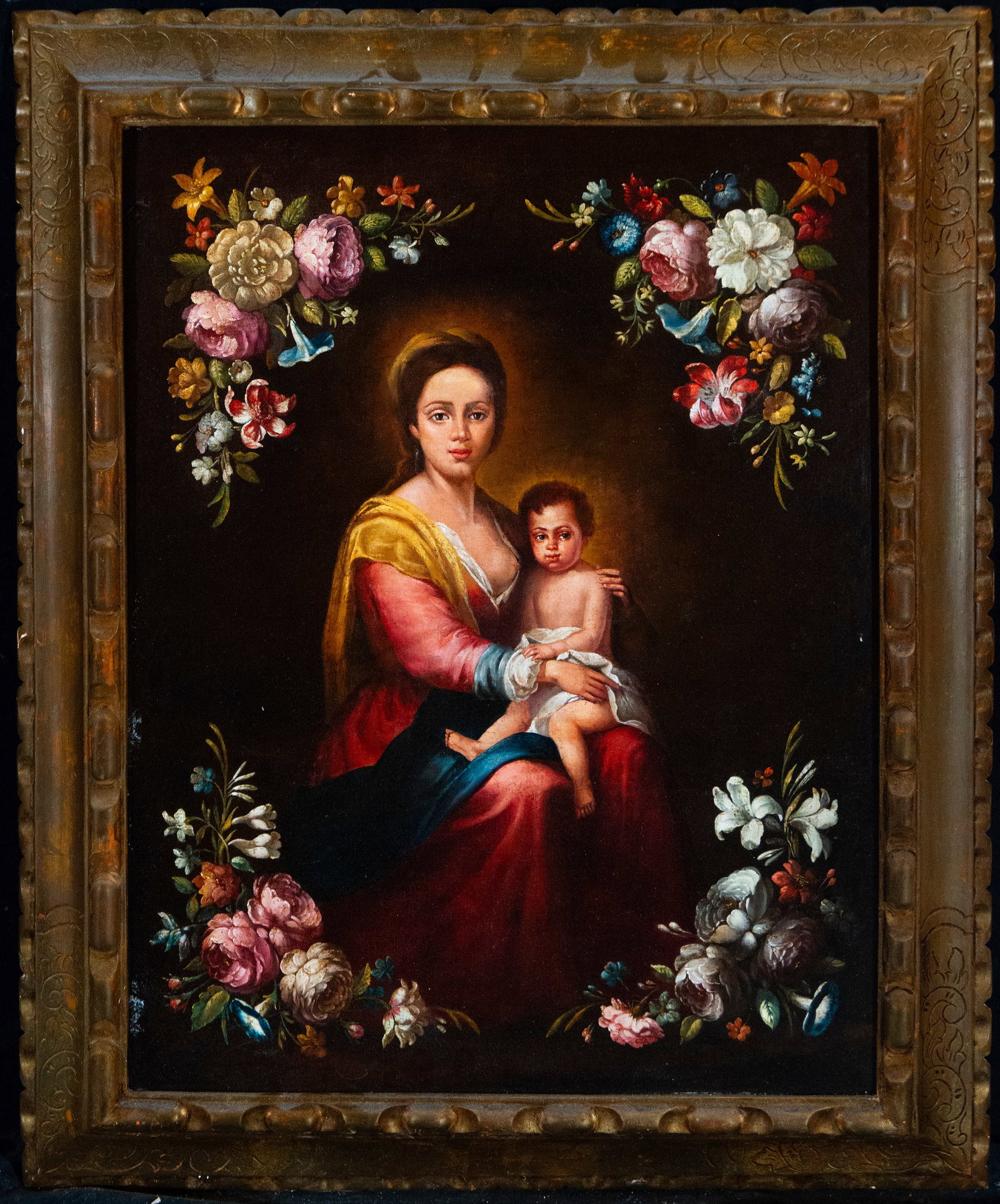 Virgin and Child with Floral Border. After Murillo. 19th Century: Oil paintings on canvas. Measurements 67 x 51 cm and 82 x 67 cm.