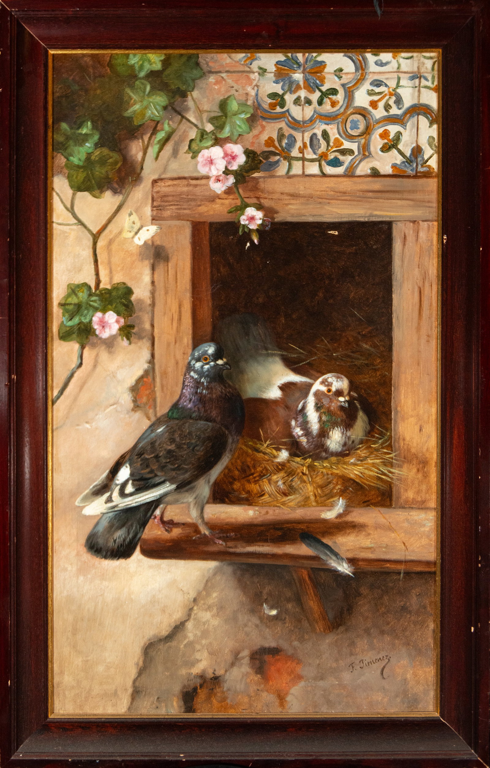 The pigeons. Jiménez Fernández, Federico Madrid, (1841, 1910): Oil on canvas. Canvas dimensions: 95 x 55 cm; with frame: 109 x 67 cm. Spanish painter. He studied at the San Fernando Royal Academy of Fine Arts in Madrid, later going to Paris to further his trainin