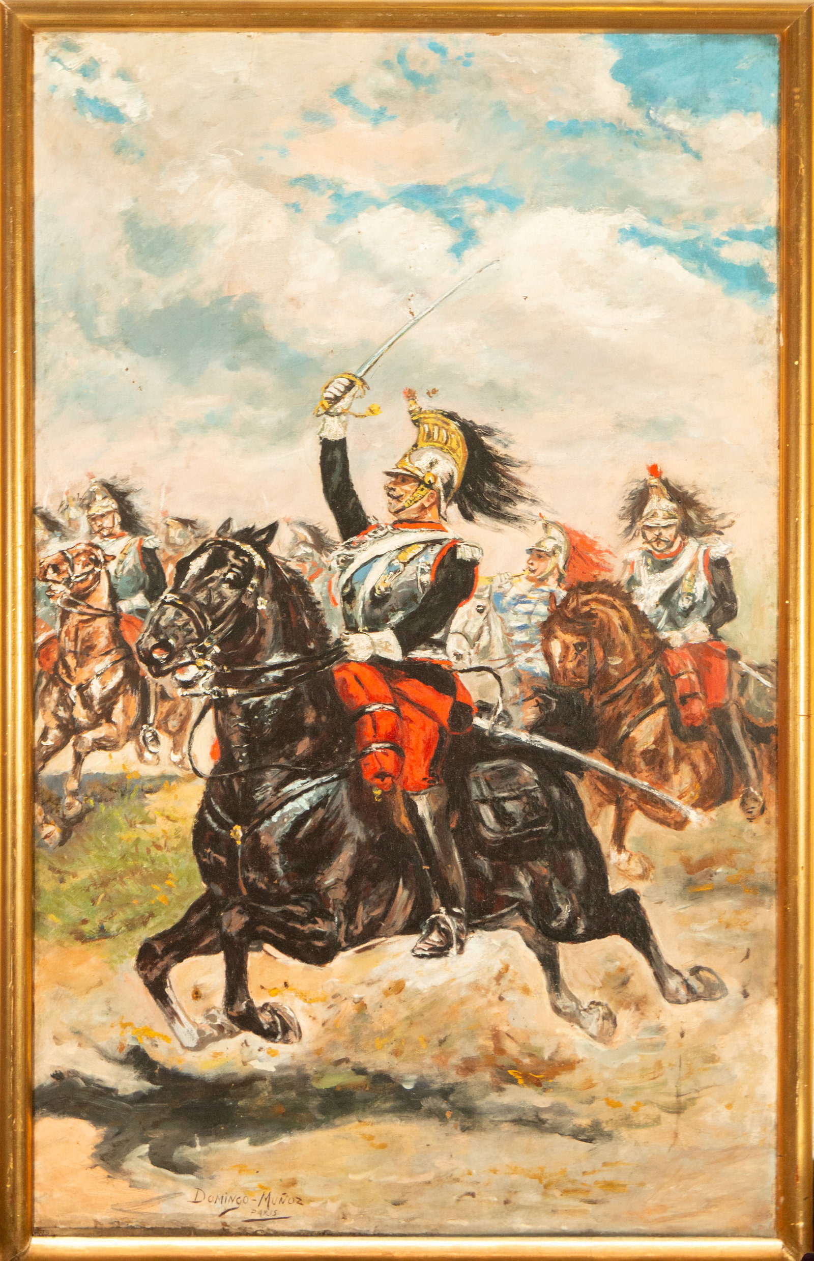 Cavalry Charge. Signed Domingo Muñoz. Spanish School. 20th Century.: Oil on canvas. Dimensions 70 x 49 cm and 72 x 46 cm.