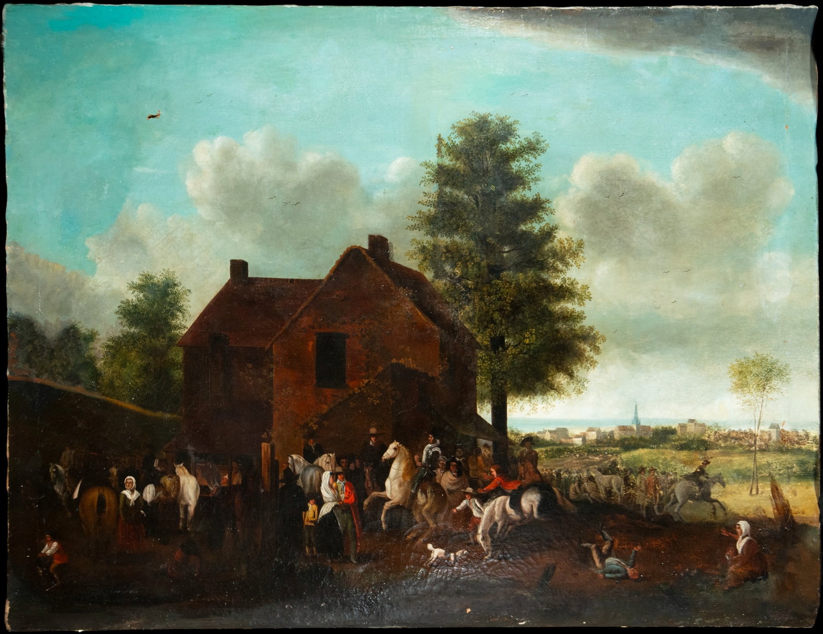 Large canvas depicting a rural scene - 18th century: Oil on canvas. Dimensions 116 x 80 cm. A broad rural scene is structured around a compact rural building, before which a lively gathering of local people and horsemen unfolds, naturally integrated int