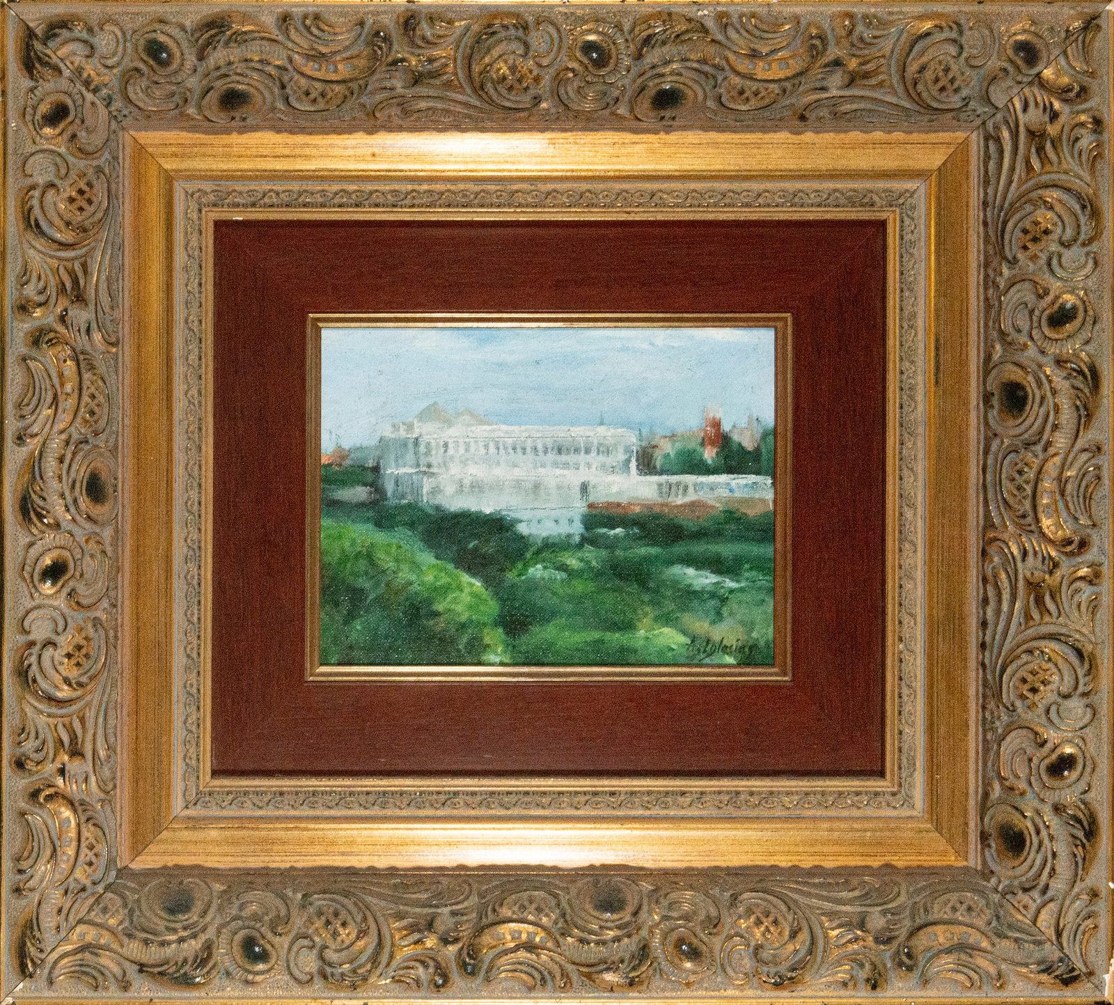 Landscape with female figure. Signed De Iglesias. Spanish School. 20th century: Oil on canvas. Dimensions: 22 x 18 cm (inset) and 52 x 48 cm (overall). This small-format landscape composition features a female figure integrated into a natural environment rendered with loose brush