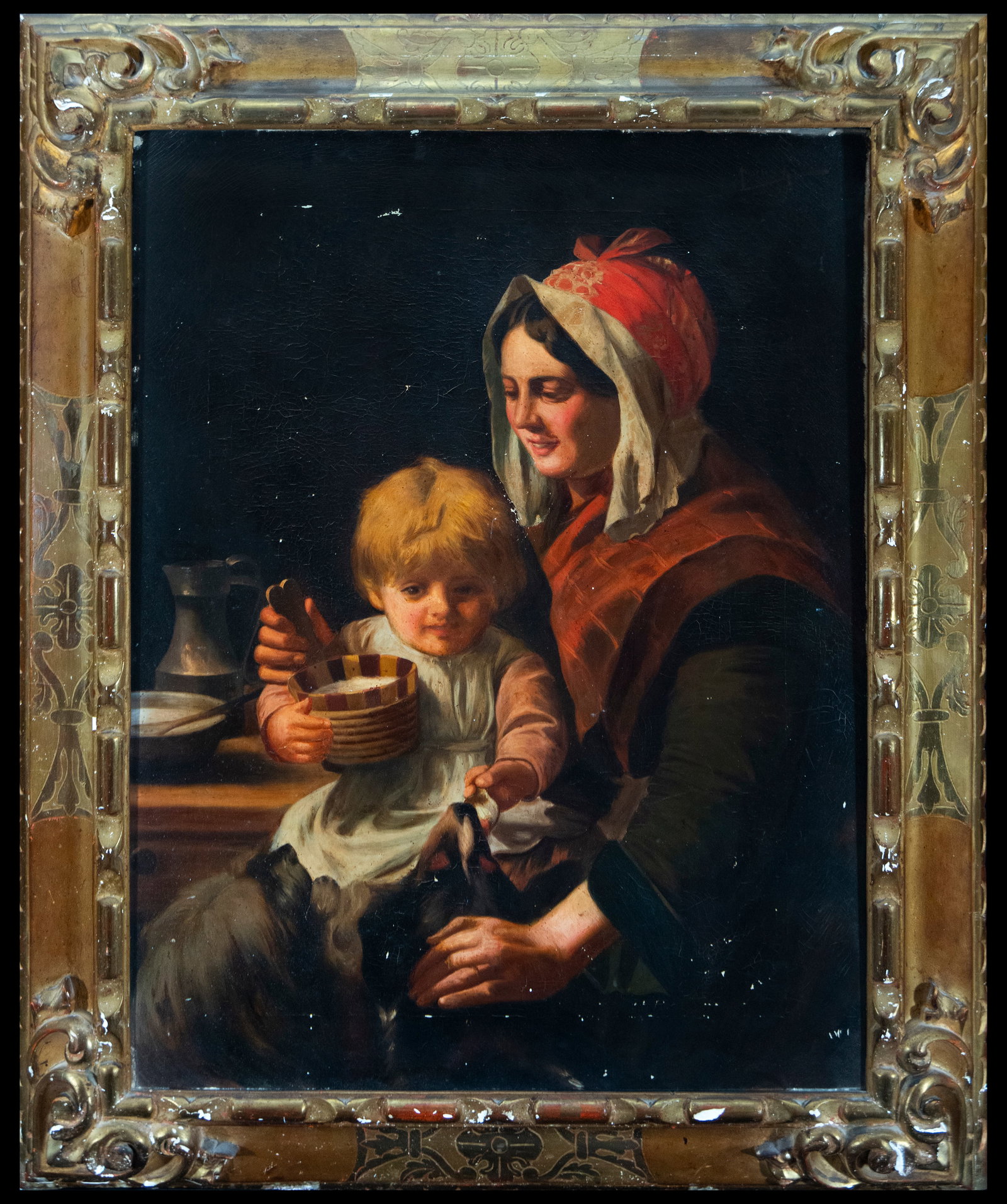 Allegory of Motherhood - Belgian School of the 19th century, signature to be identified: Oil on canvas, dimensions: 150 x 100 cm, framed dimensions: 185 x 140 cm. Provenance: important private collection in Seville, Spain